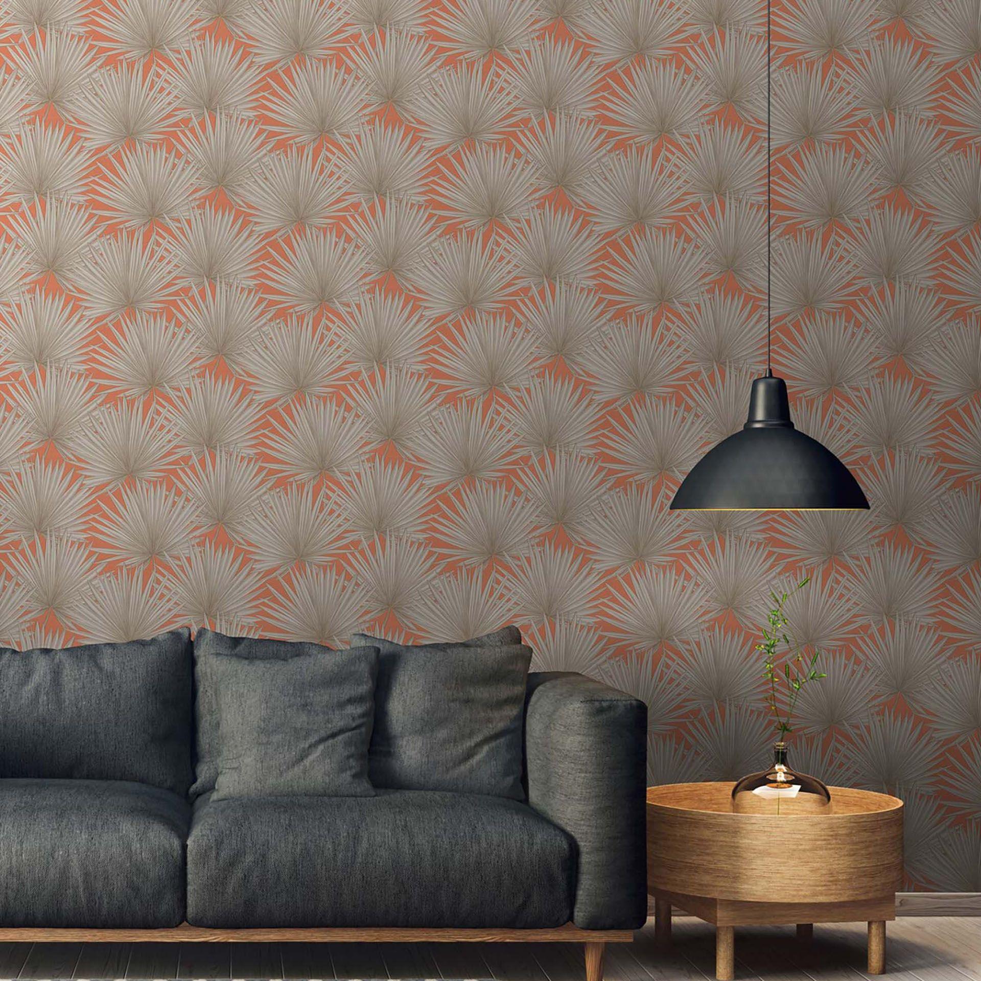 non-woven tapet palmeblade orange beige - jungle tapet stue
