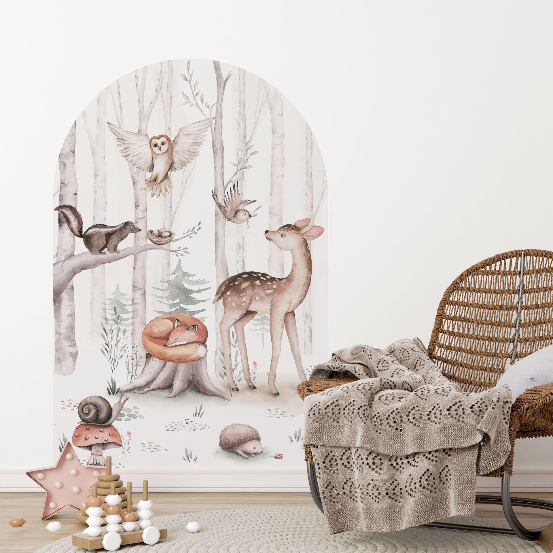 Wallsticker rundbuevægpanel Søde dyr i skoven - Kvilis - bred