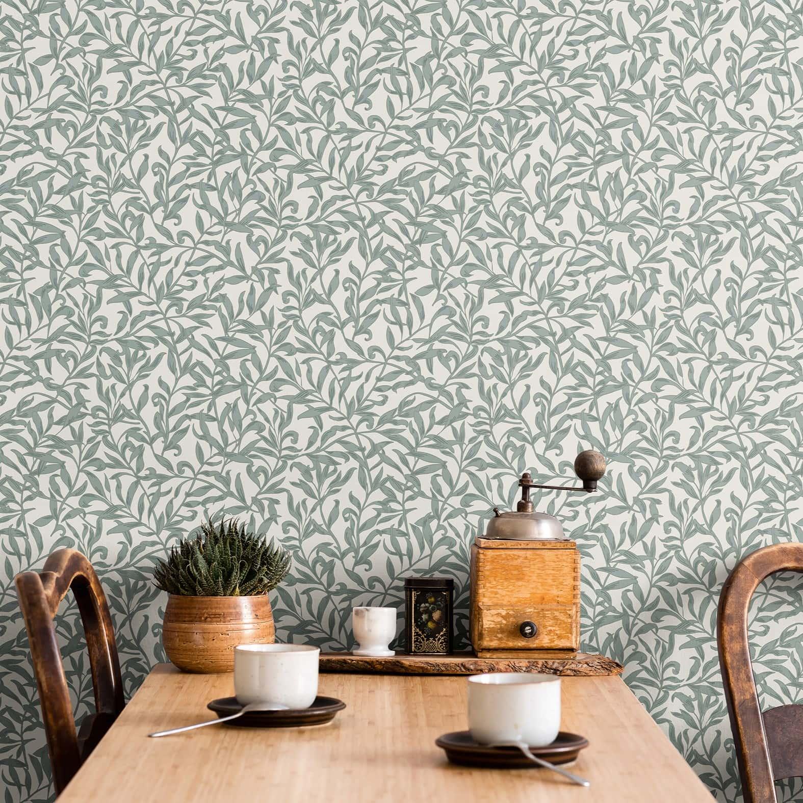 Papel pintado no tejido hojas, motivo hoja naturaleza floral en gris