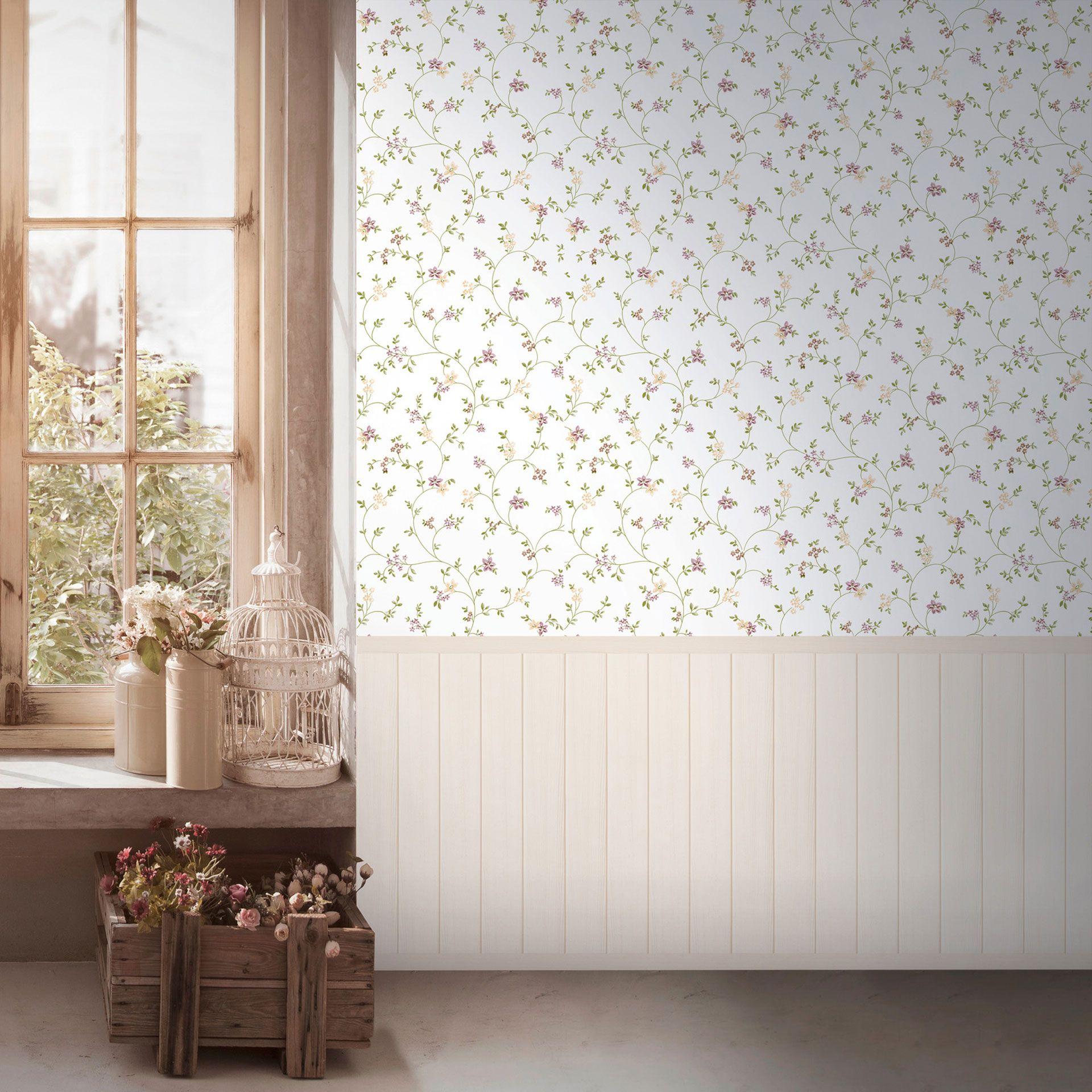 Fototapet med træpanel rosa grøn beige - landhusstil, der kan udvides