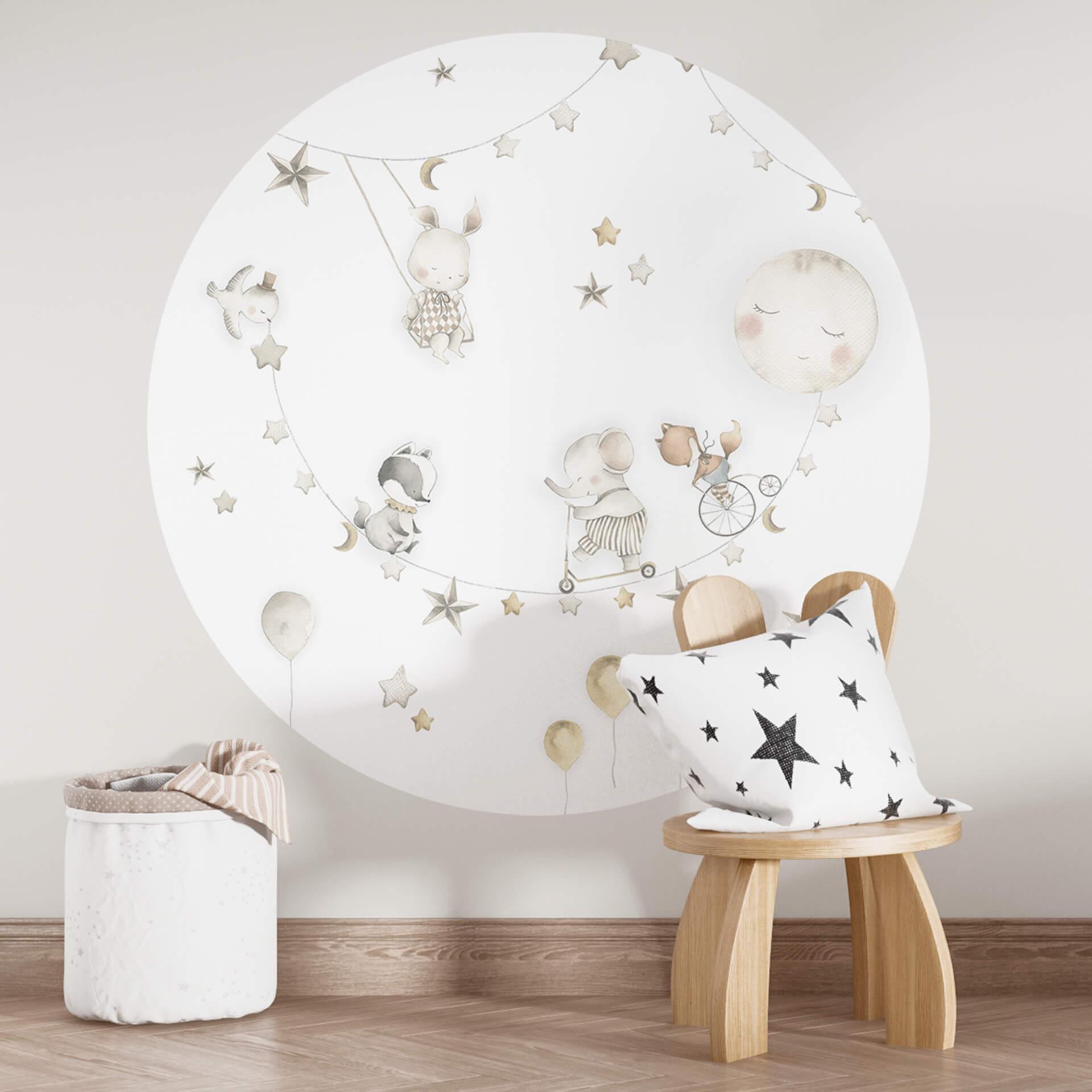 Vinilo decorativo infantil Animales felices con cielo estrellado - Oliver Robins - Redondo
