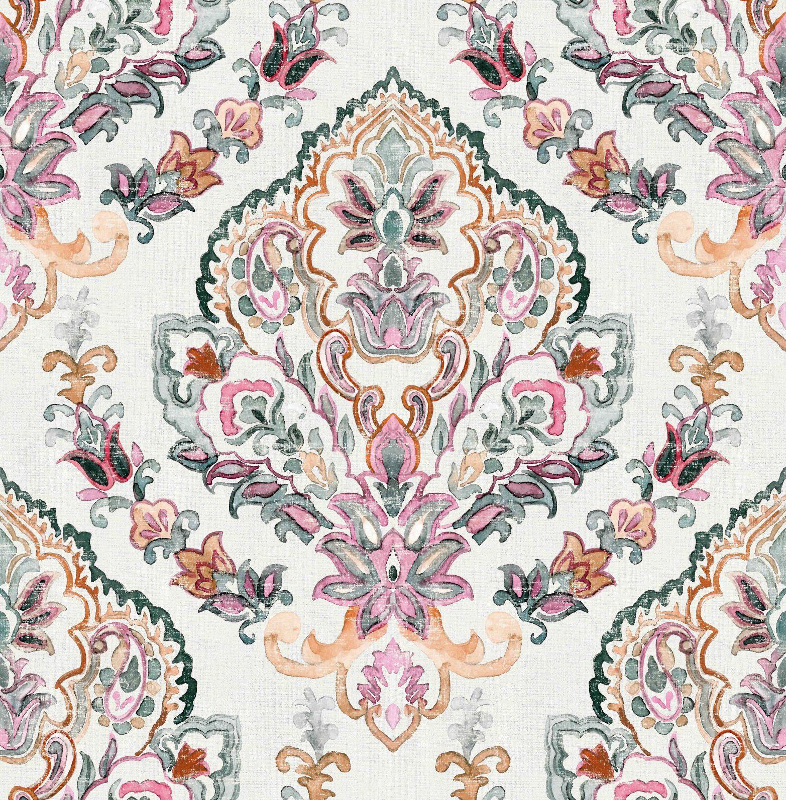 Fototapet med motiv akvarel ornamental blomstermedaljon i rosé 2,7 x 2,65 m