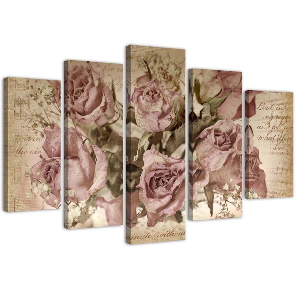 5 stykke lærred print Pink Roses blomster