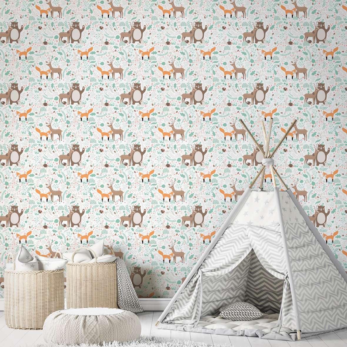 Børnetapet, non-woven tapet med illustration Kids Walls hvid, grøn, brun
