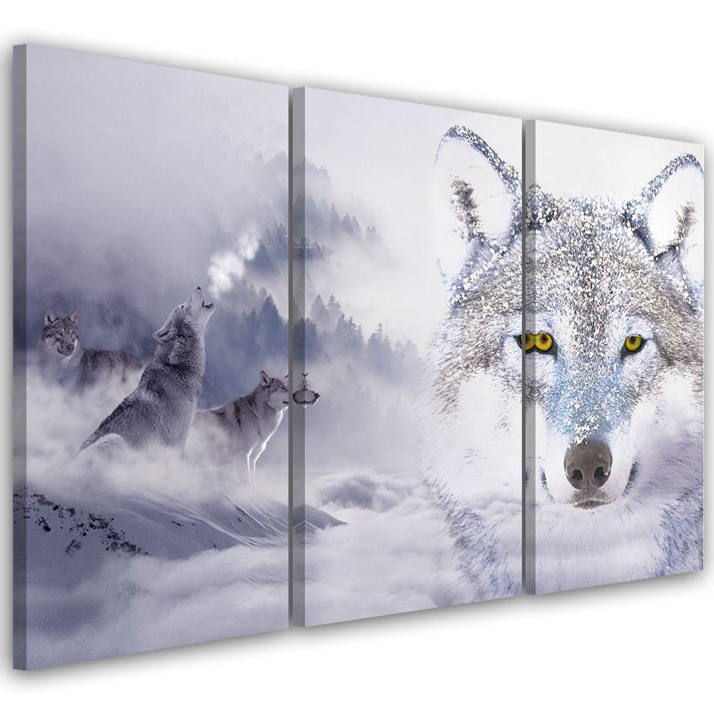 3 stykke lærredsprint, Wolf Forest Fog Nature Grey