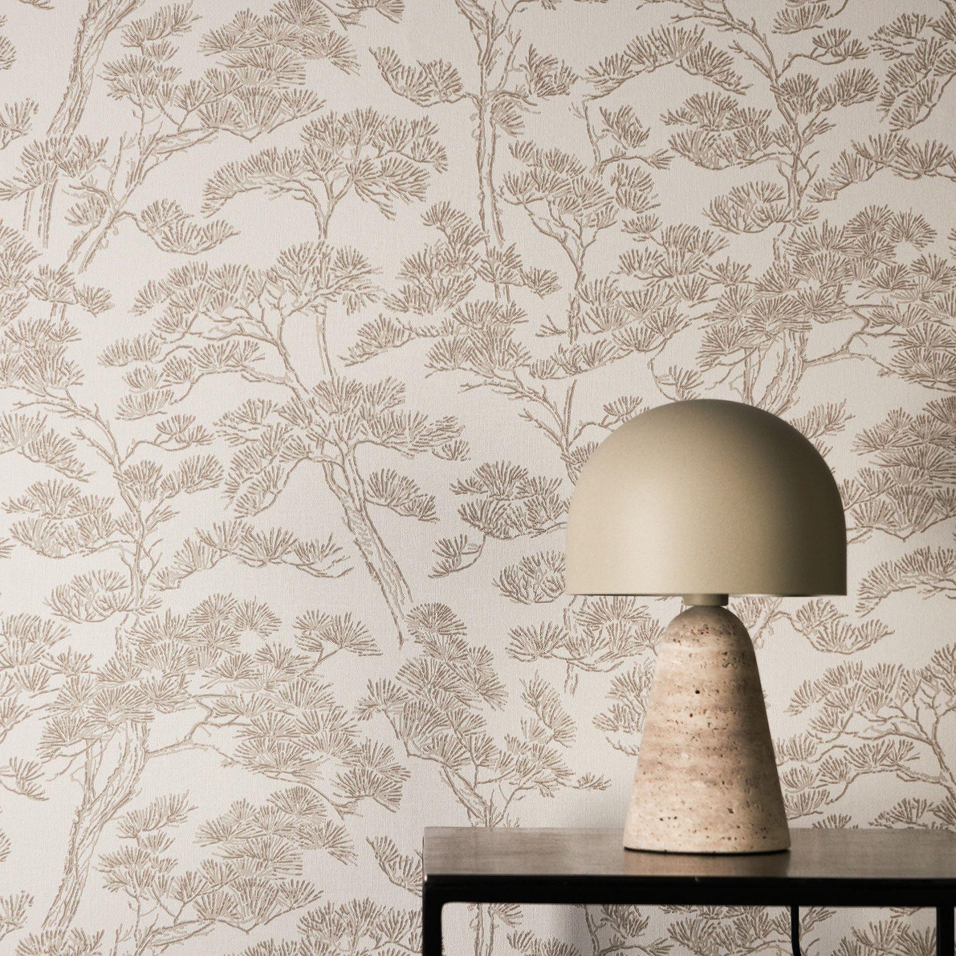 Ikke-vævet tapet Lin Zen Branches beige hvid med grene asiatisk - brune træer skovtapet grene