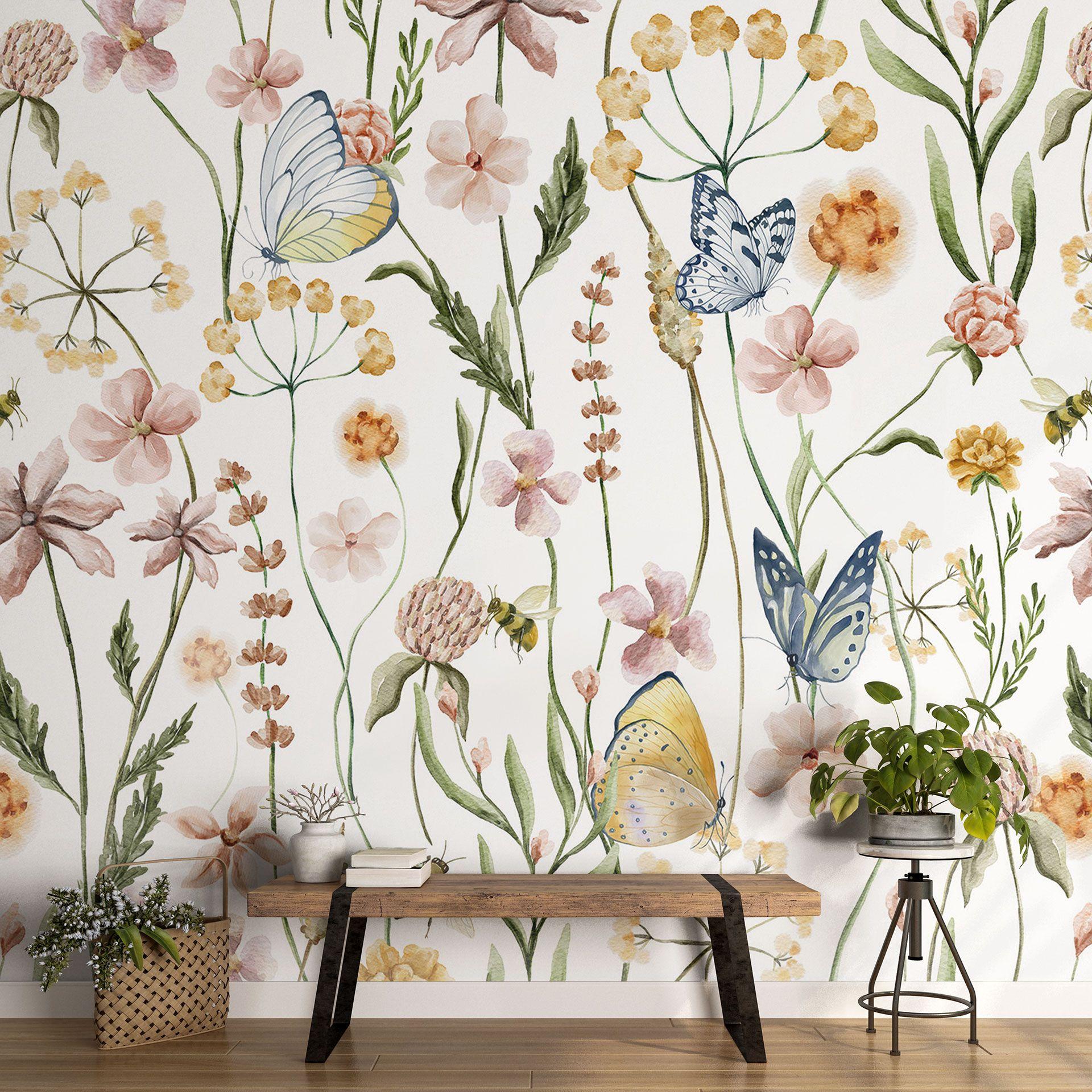 Papel pintado Pradera de primavera con mariposas - Papel pintado floral - UN Designs