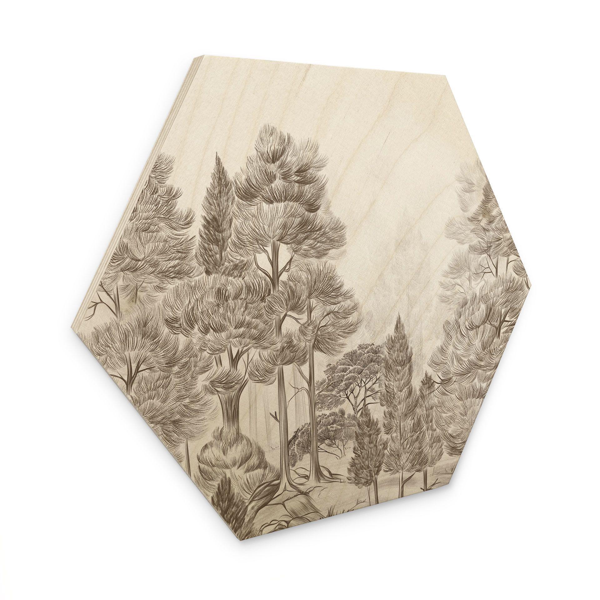 Houten Wanddecoratie zeshoek met boslandschap in beige - Ms Tiff