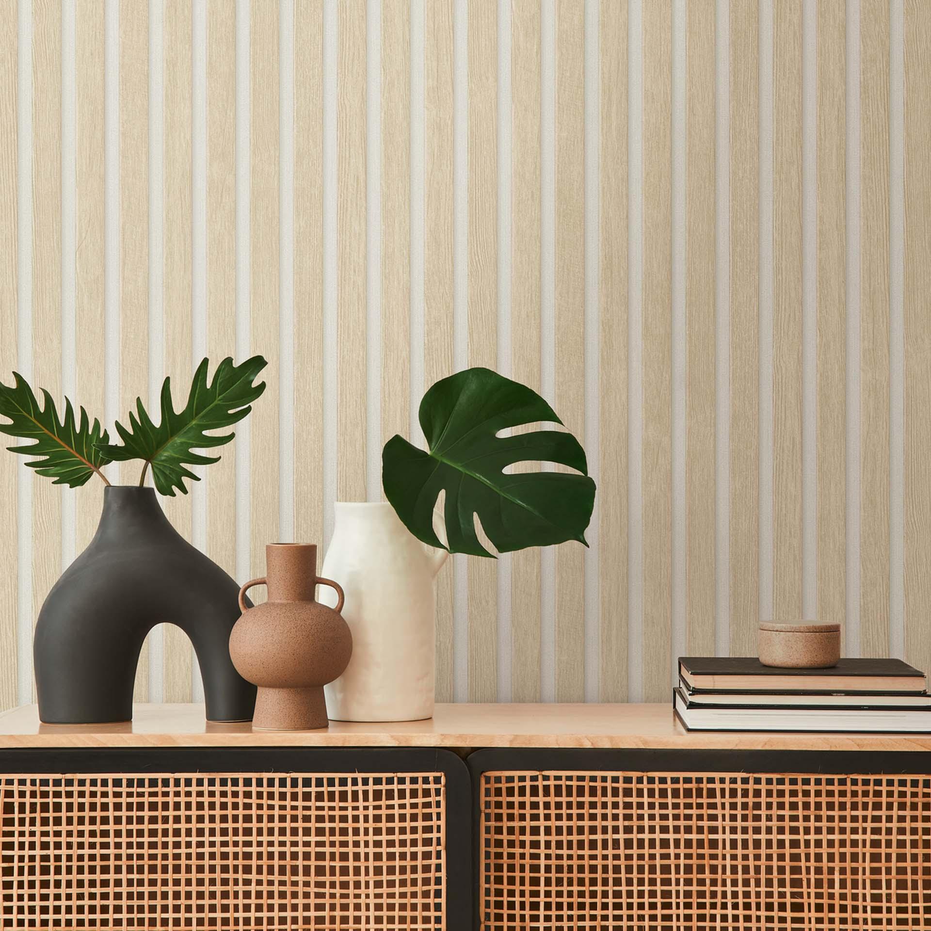 Papel pintado panel madera beige blanco no tejido moderno aspecto madera