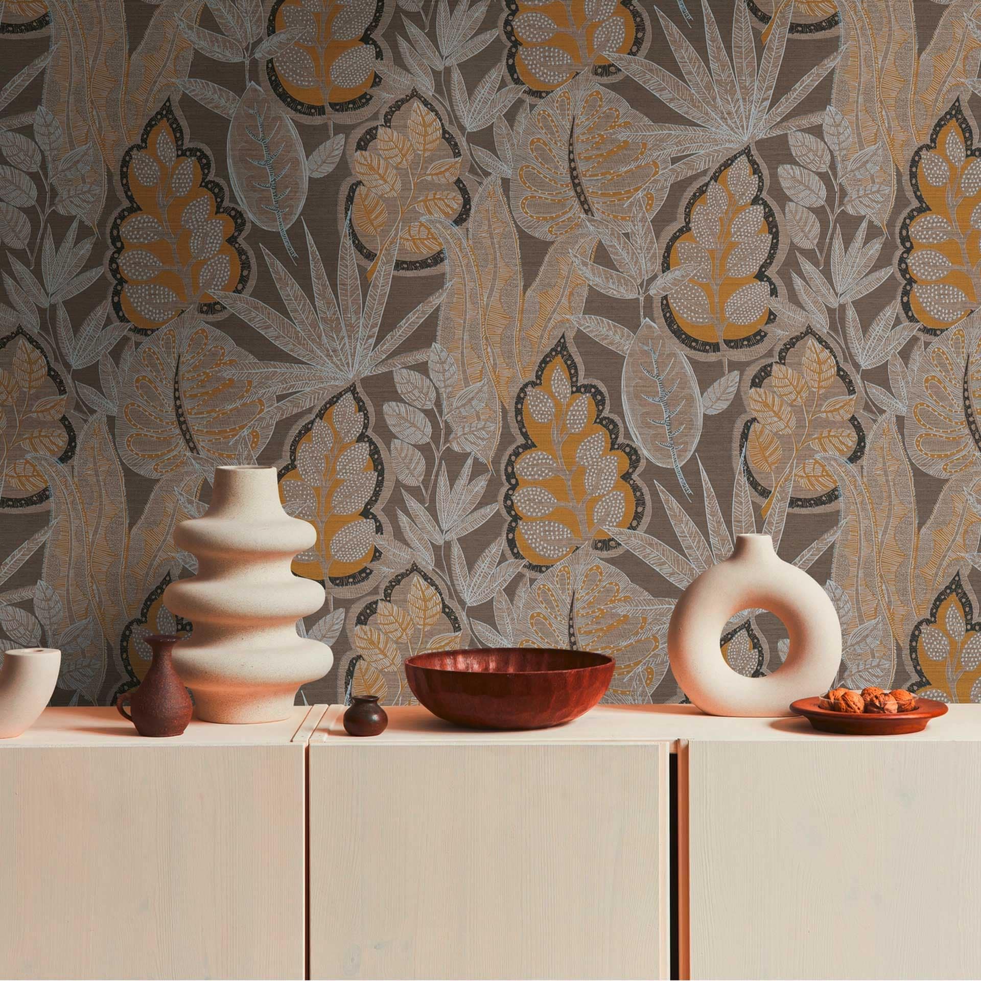 Papel pintado no tejido de diseño gráfico amarillo gris - papel pintado floral con hojas