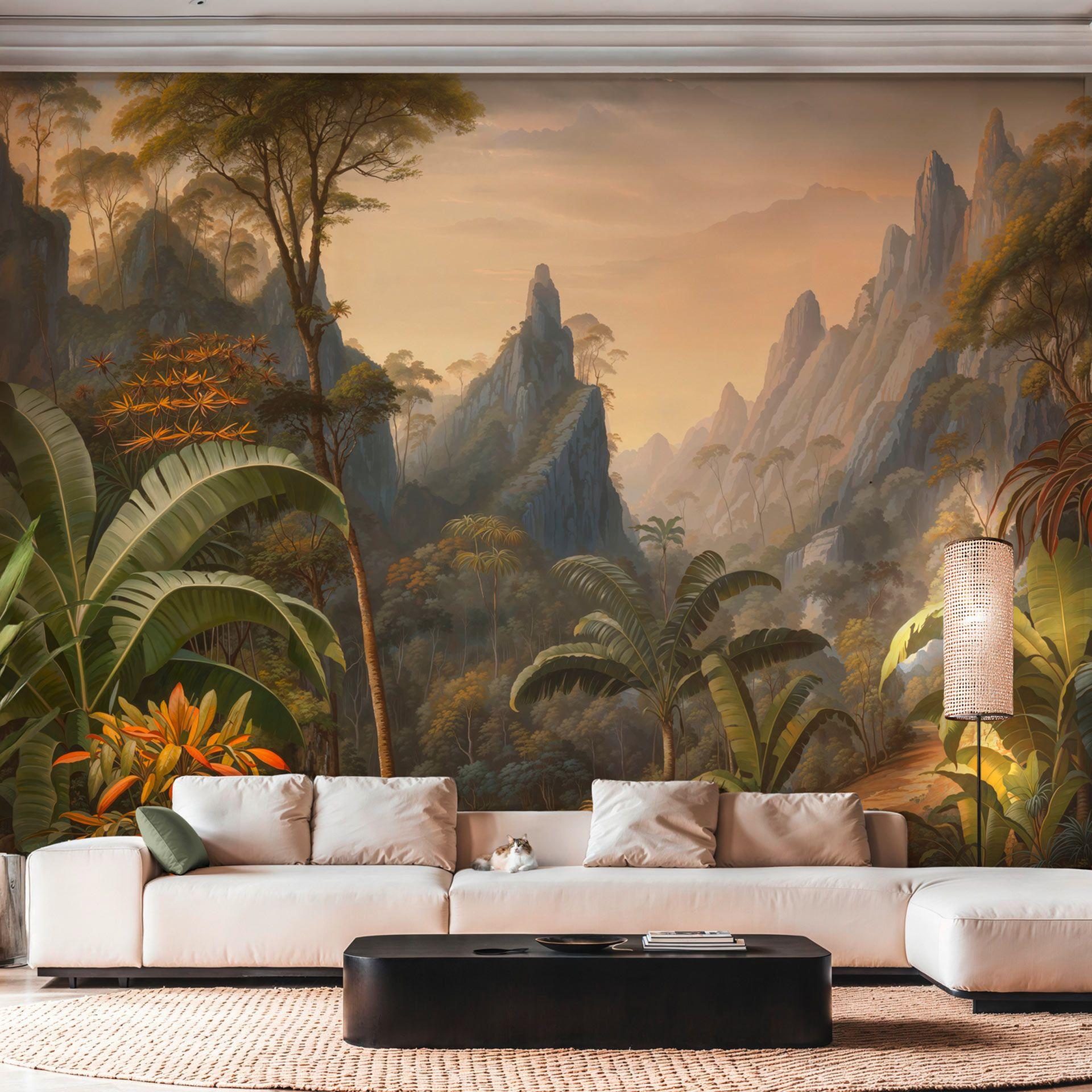 Jungle bjerge palmer beige grøn 371x280 cm Ikke-vævet tapet