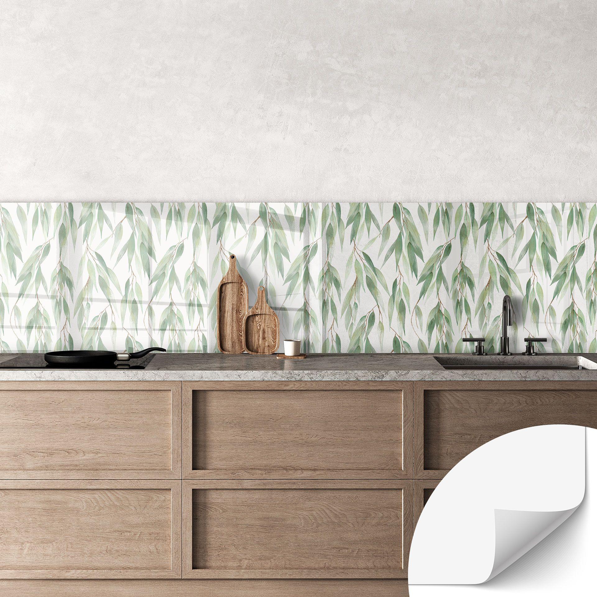 Salpicadero de cocina autoadhesivo ramas con hojas verdes - UN Designs