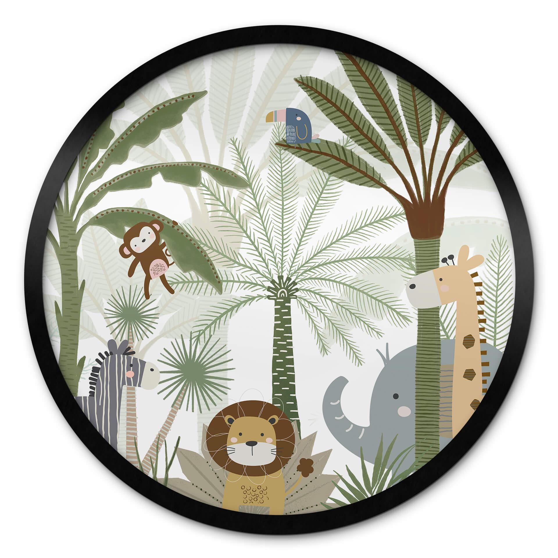Póster para habitación infantil Lindos animales en la selva - Oliver Robins - Redondo