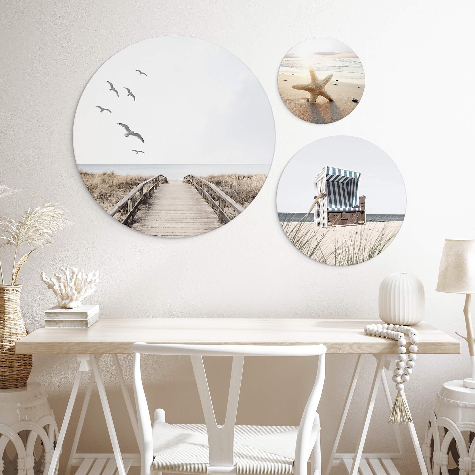 Vægcirkel Walk on the Dune Beach-sæt (3 dele) – print på aluminium (Alu-Dibond)