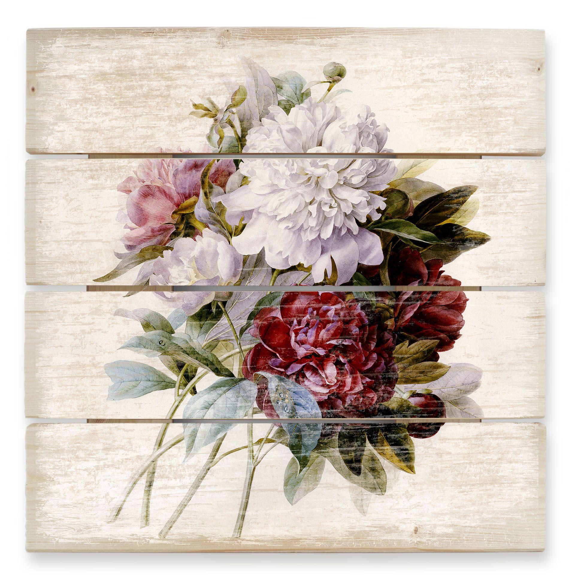 Cuadro de madera Redouté - Ramo de peonías rojas, moradas y blancas - 40x41,5 cm