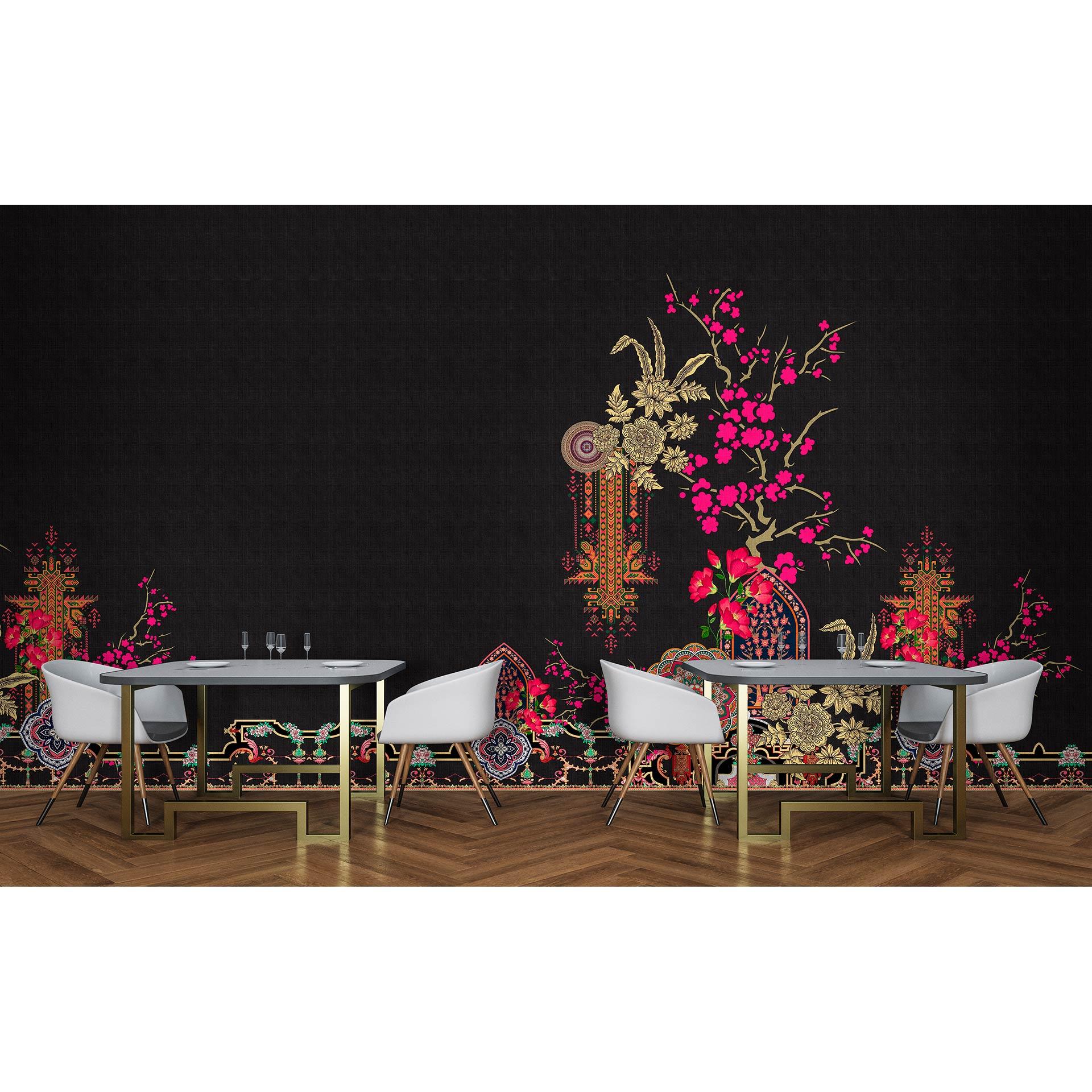 Fotomural Paredes de Patel 3 Oriental Garden 2 negro, rosa, amarillo, naranja, verde