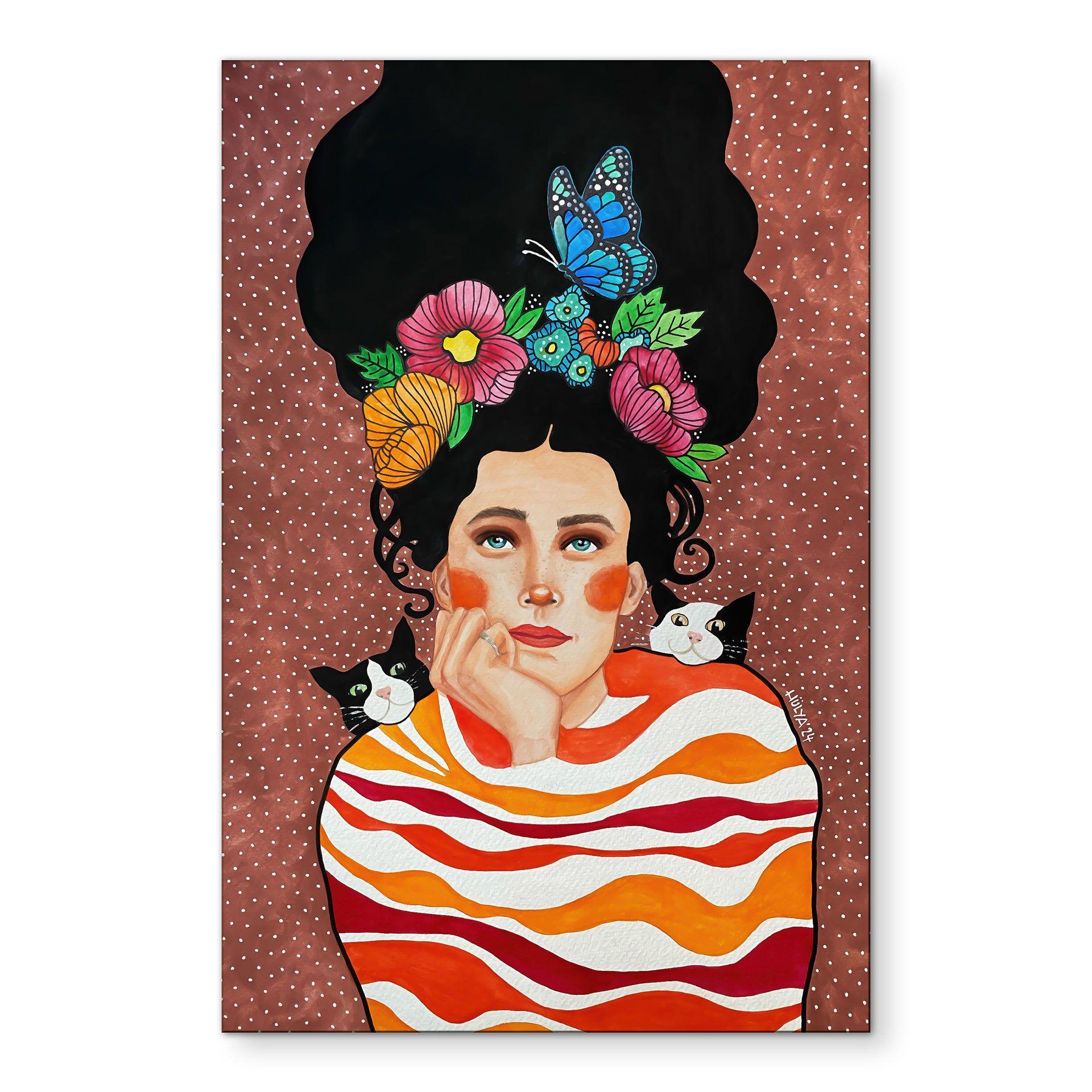 Fototapet Kvinde med blomsterkrone og katte - Hülya – print på aluminium (Alu-Dibond)