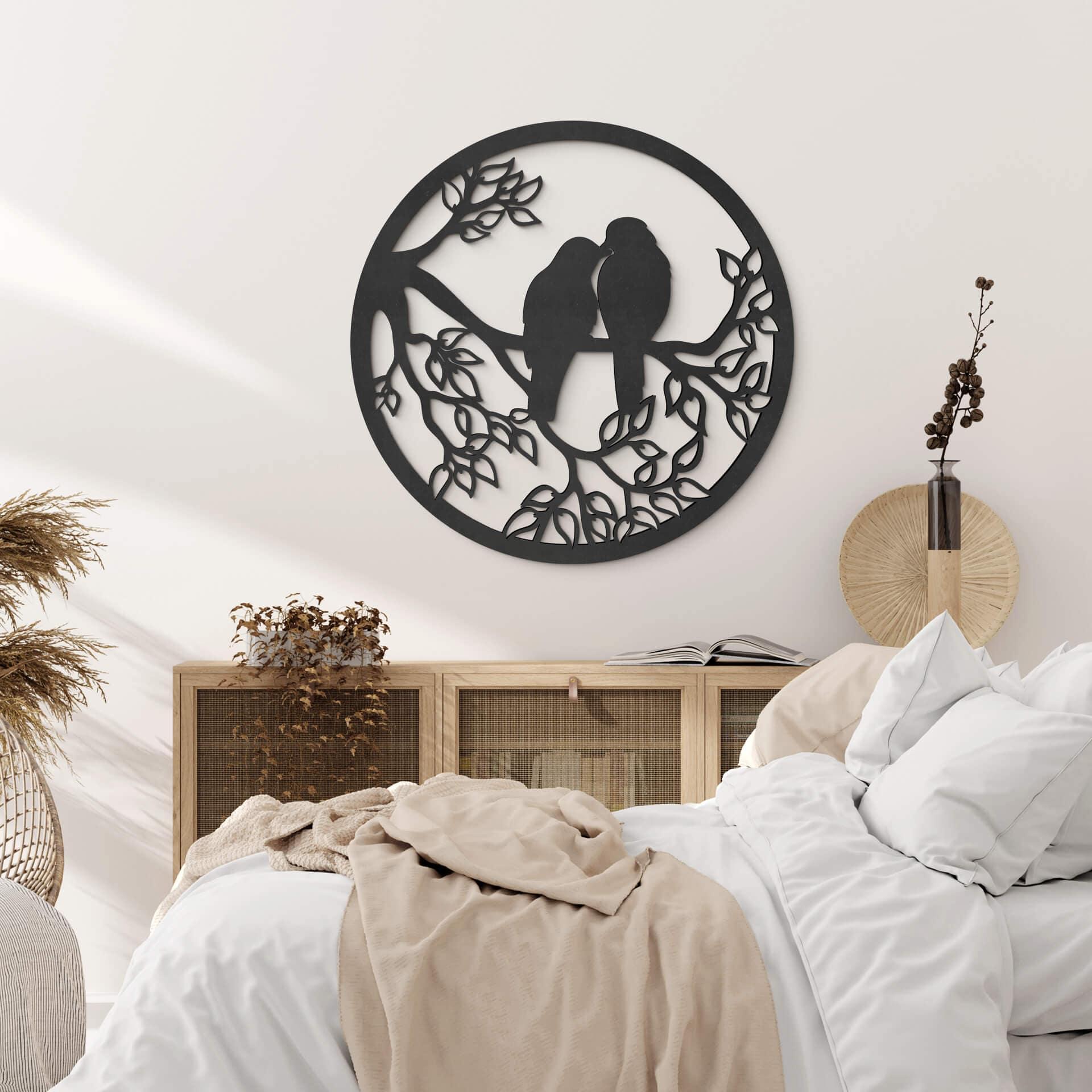 MDF - Decoración en madera - Dos pájaros sentados en una rama - Redondo