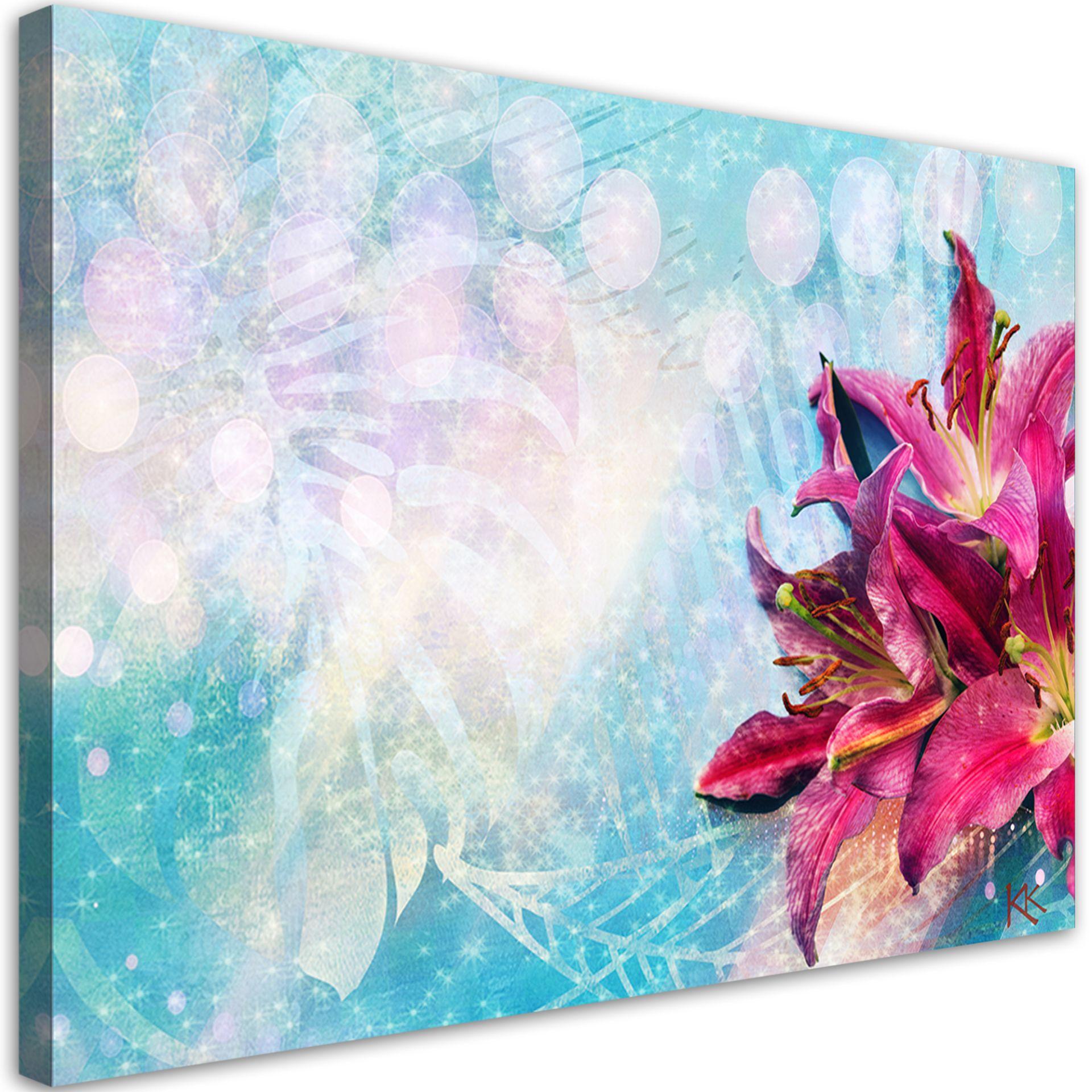 Canvasbillede, Lyserøde blomster på blå baggrund