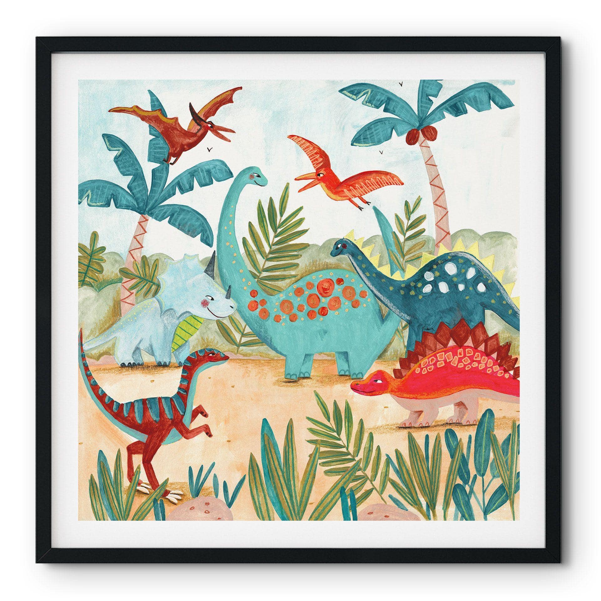 Póster infantil Dinosaurios de colores en el bosque primitivo - Bonne Müller - Cuadrado