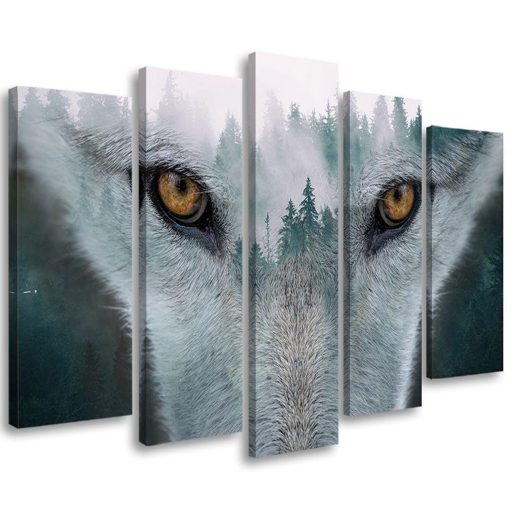 5 stykke lærredstryk, Wolf Forest Fog Nature Træer