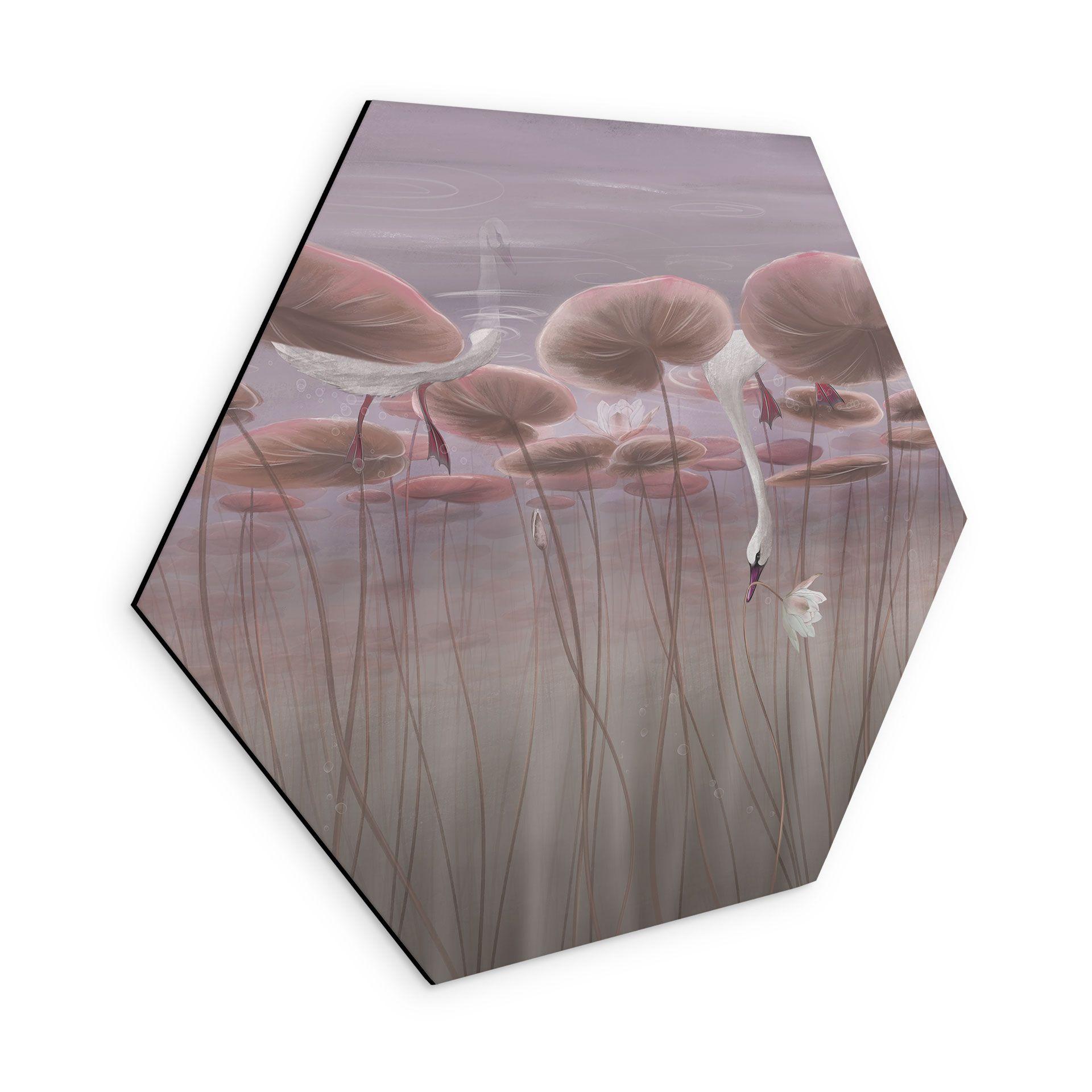Zeshoek Wanddecoratie lotusbloemen met zwaan in water in schemerroze - Ms Tiff - Alu-Dibond