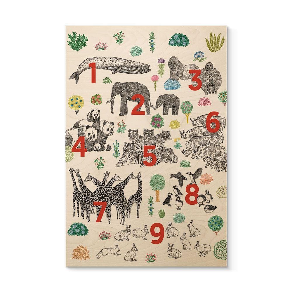 Cuadro de madera ilustración de animales del zoo con números - Walentynowicz