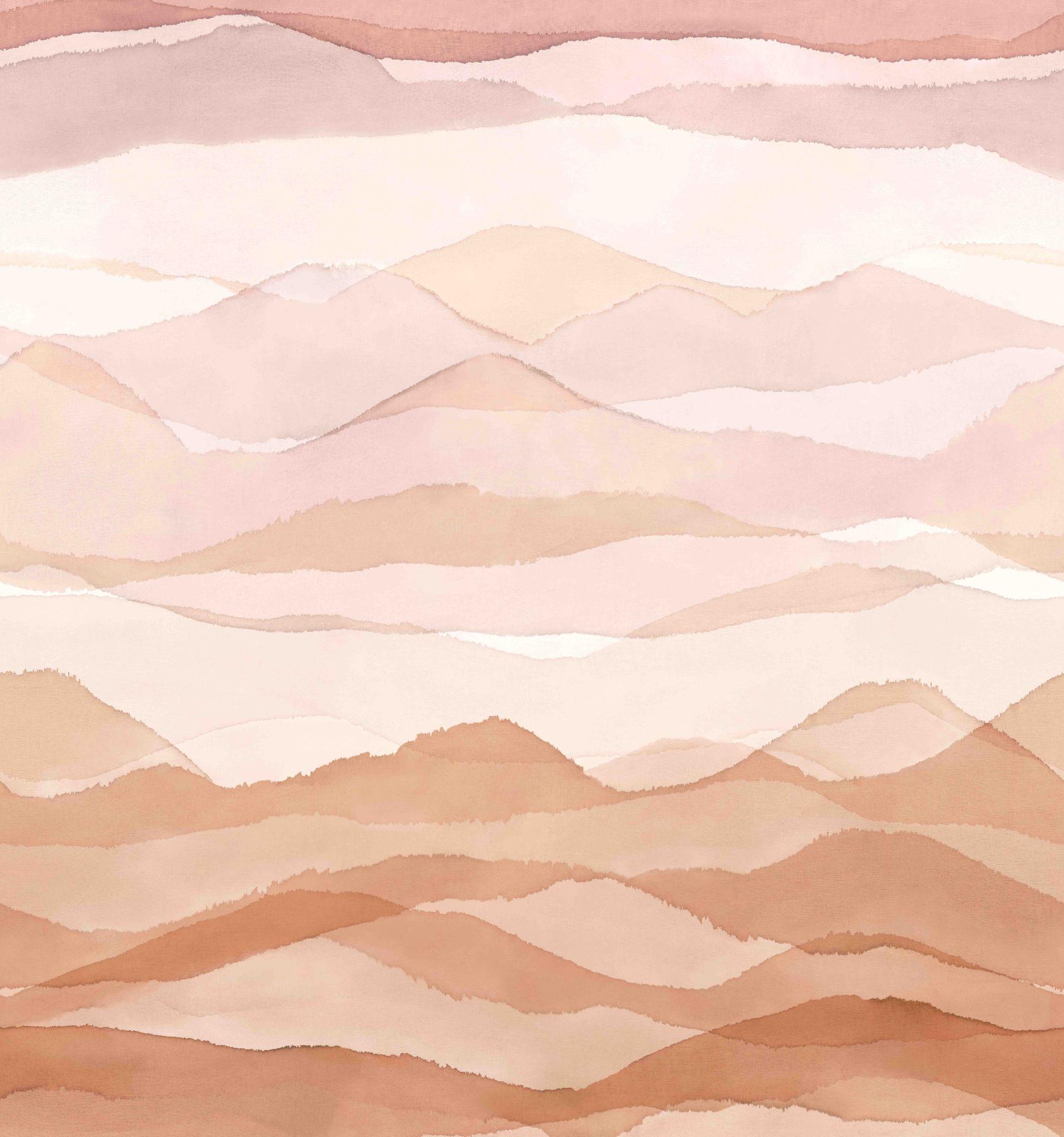 Fototapet med bjergmotiv i akvarel i beige og rosa med blød farvegradient 3,4 x 3,18 m