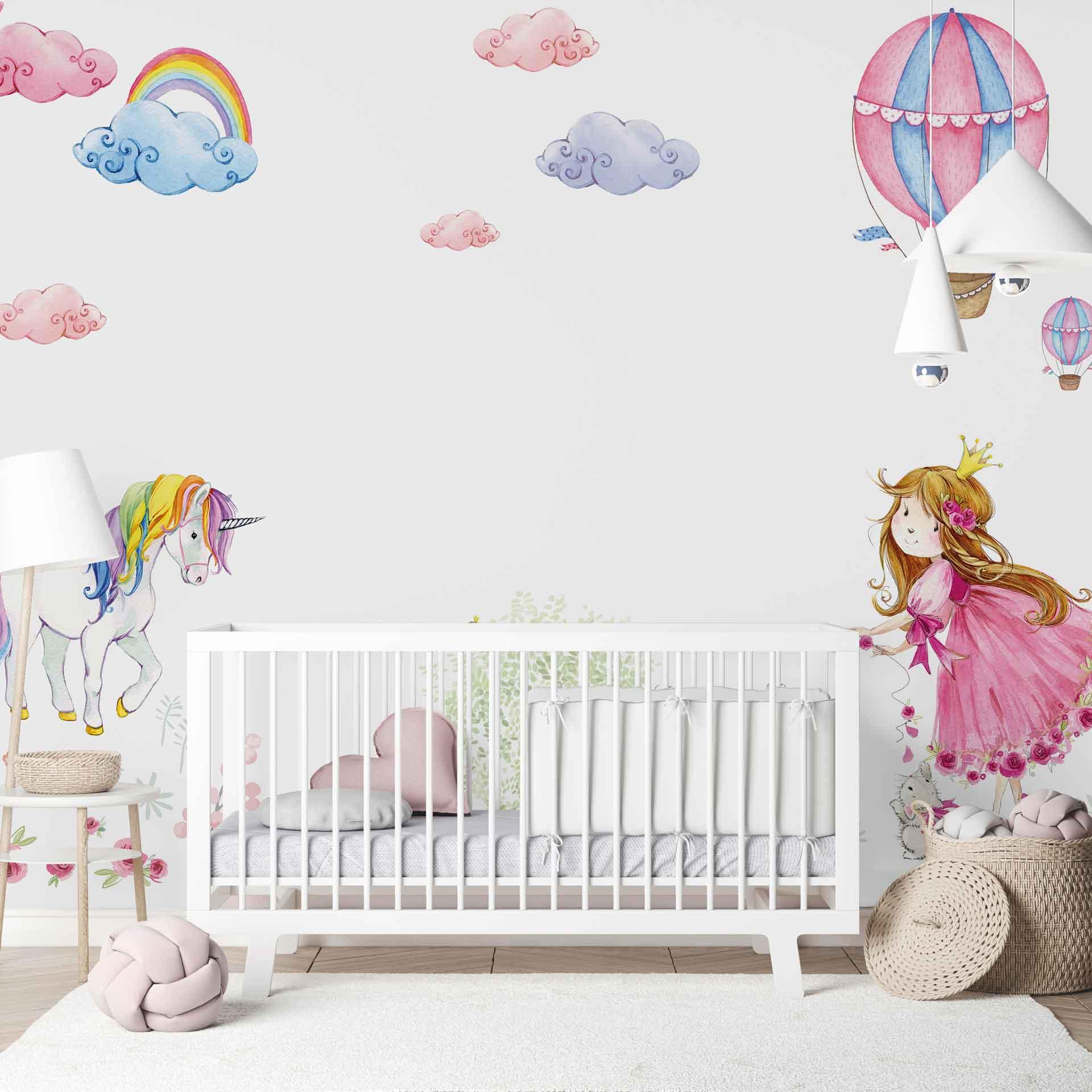 UnicorPrincess hvid pink tapet til børneværelset - non-woven tapet Designwalls 2 - 2,55 x 3,5 m