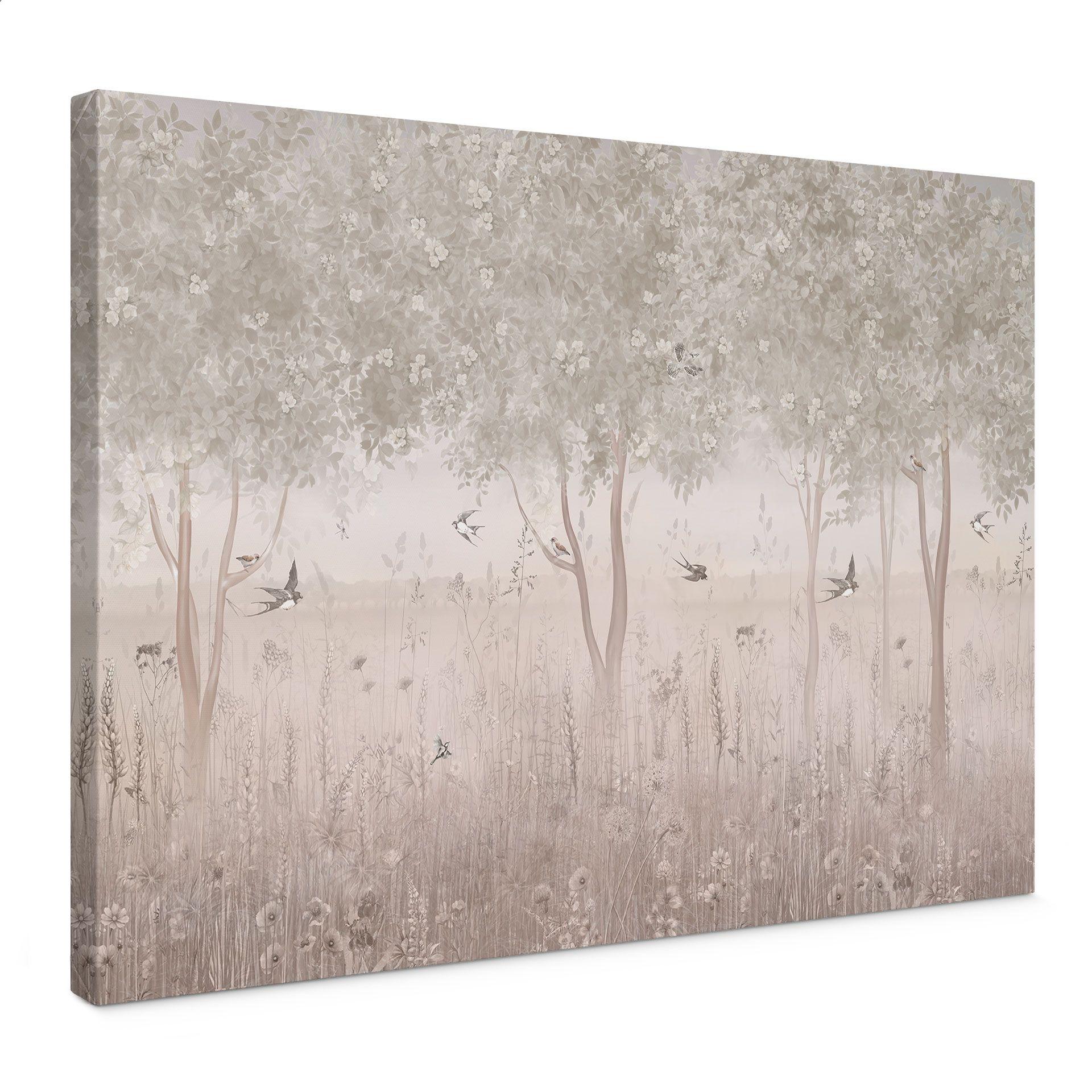 Canvas schilderij voor kinderkamer Zomerzwaluwen in een bos bloemen - Ms Tiff