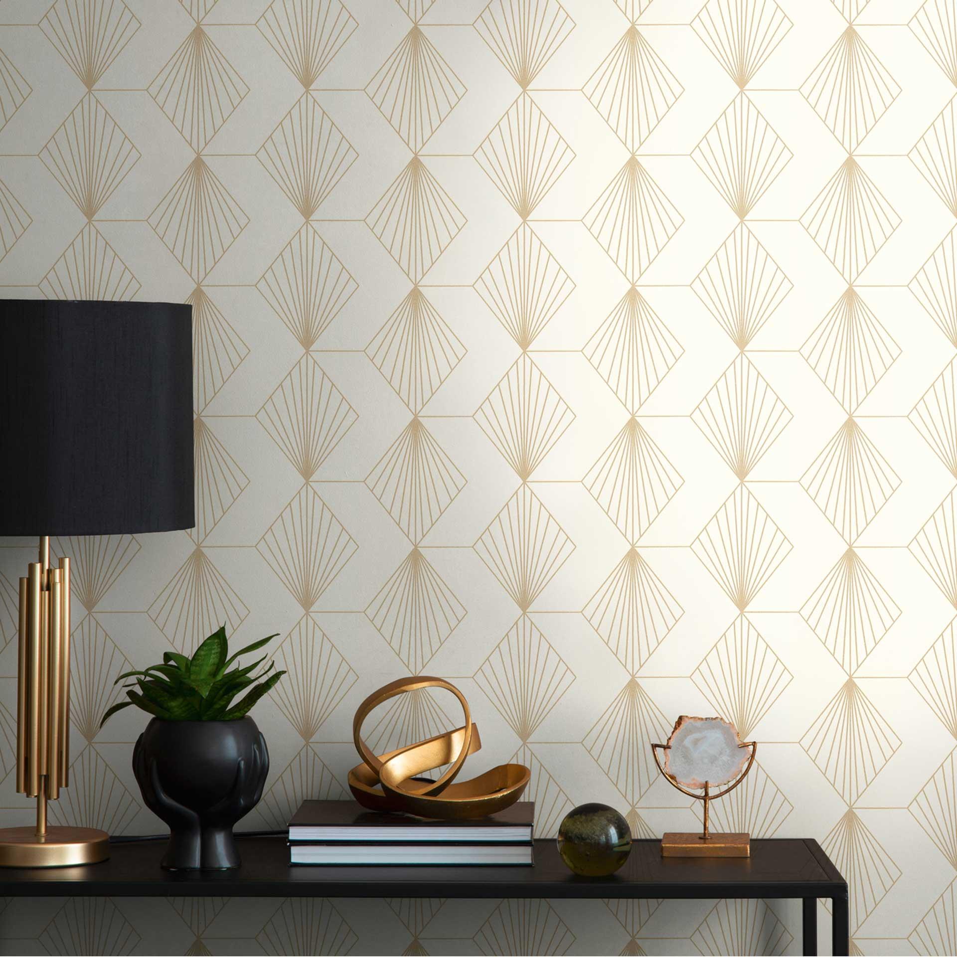 Geometrisk art deco tapet creme guld - moderne tapet med mønster - Ikke-vævet tapet