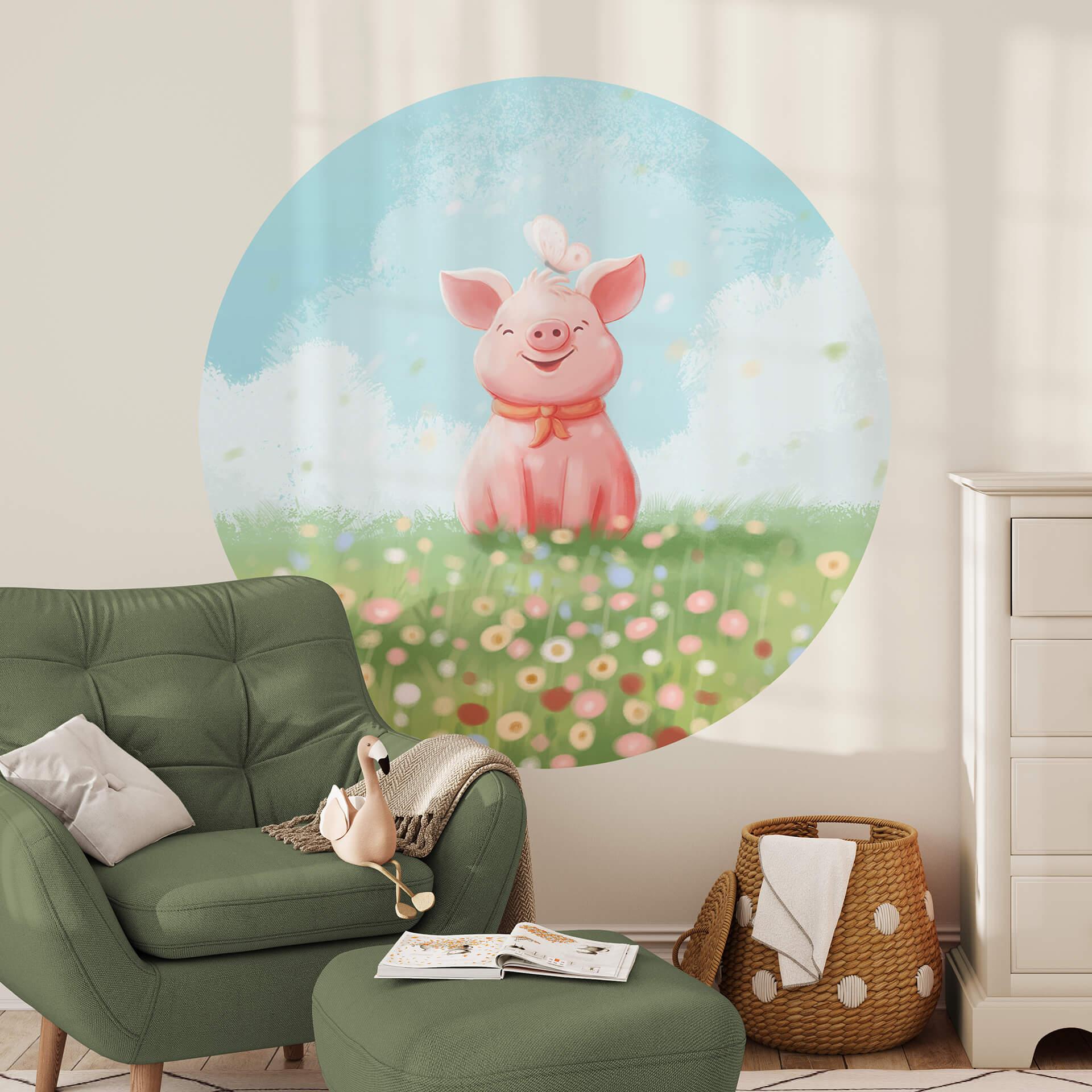 Vinilo decorativo tailandés - Cerdito feliz en el prado de verano - Redondo