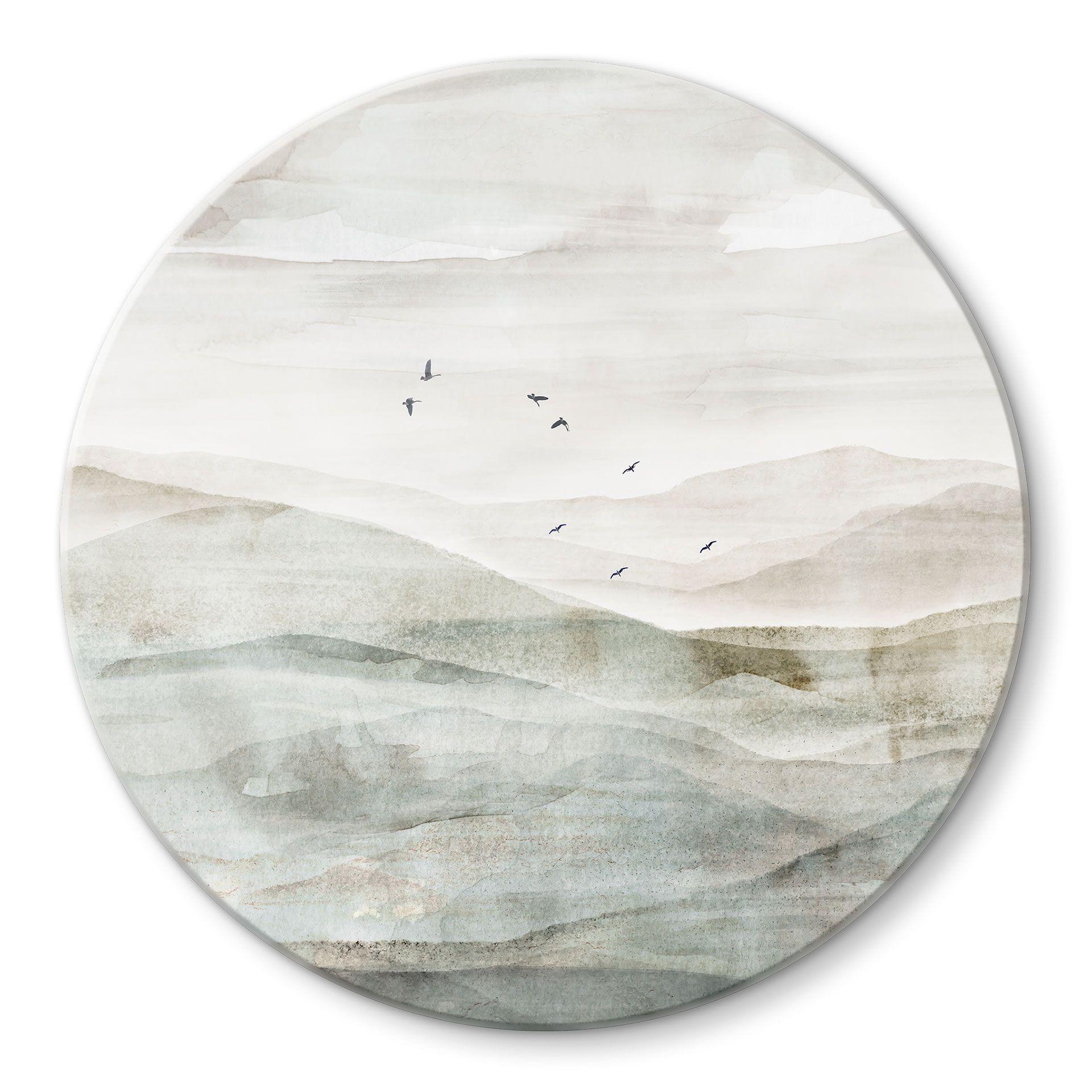 Glasschilderijen Mistig berglandschap aquarel - Ms Tiff - Rond