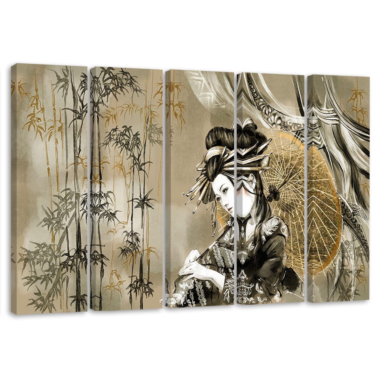 Lærred print 5 dele, geisha og bambus