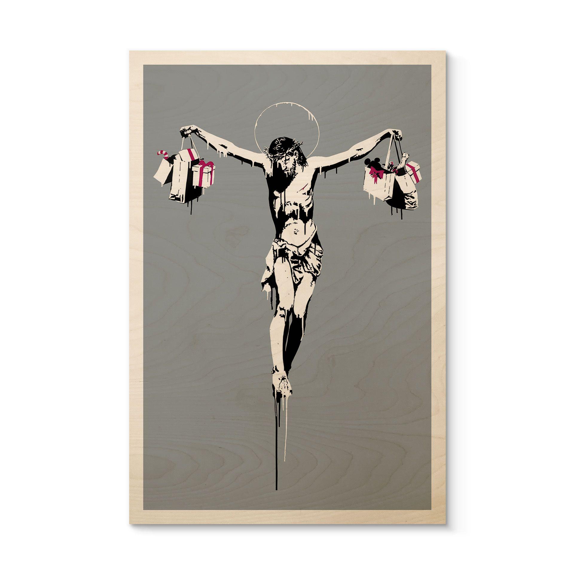 Cuadro de madera Banksy - Jesucristo con bolsas de la compra