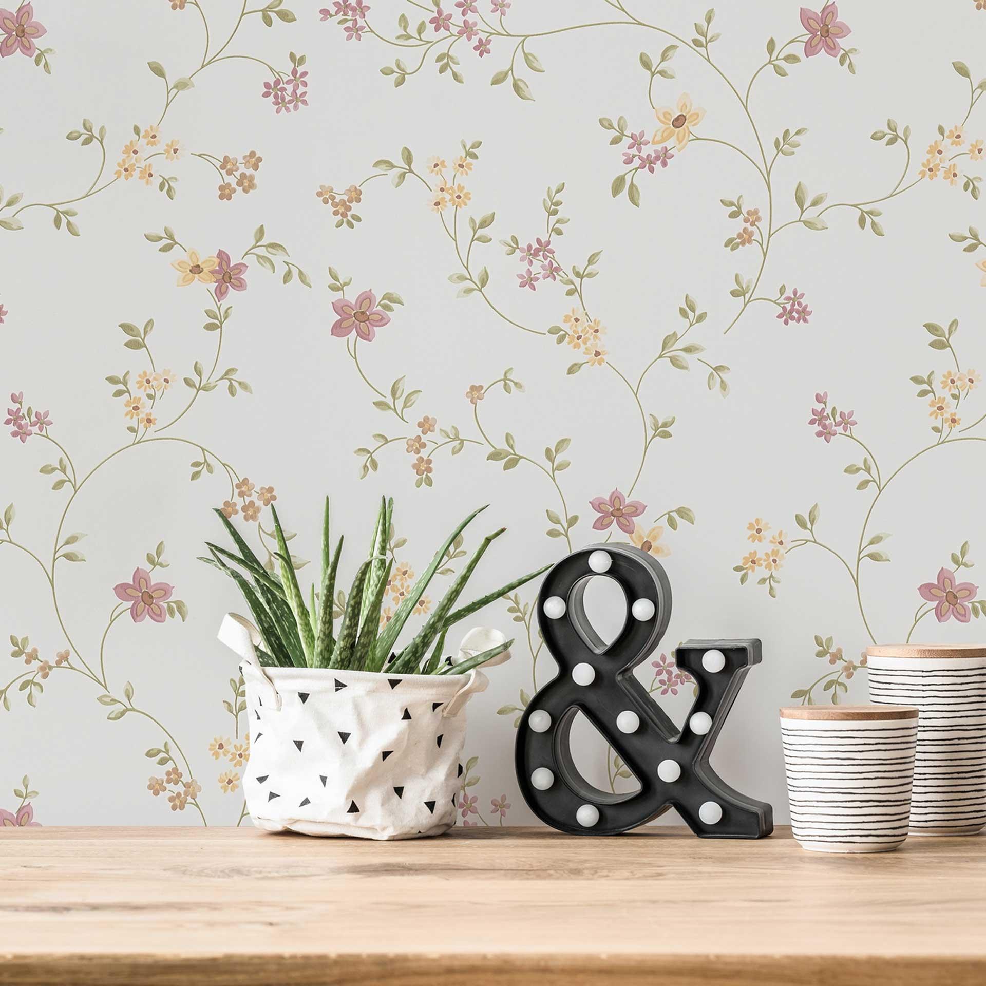 Selvklæbende tapet & møbelvinyl - landsted, blomster - pink, hvid - rulle 840x53 cm 