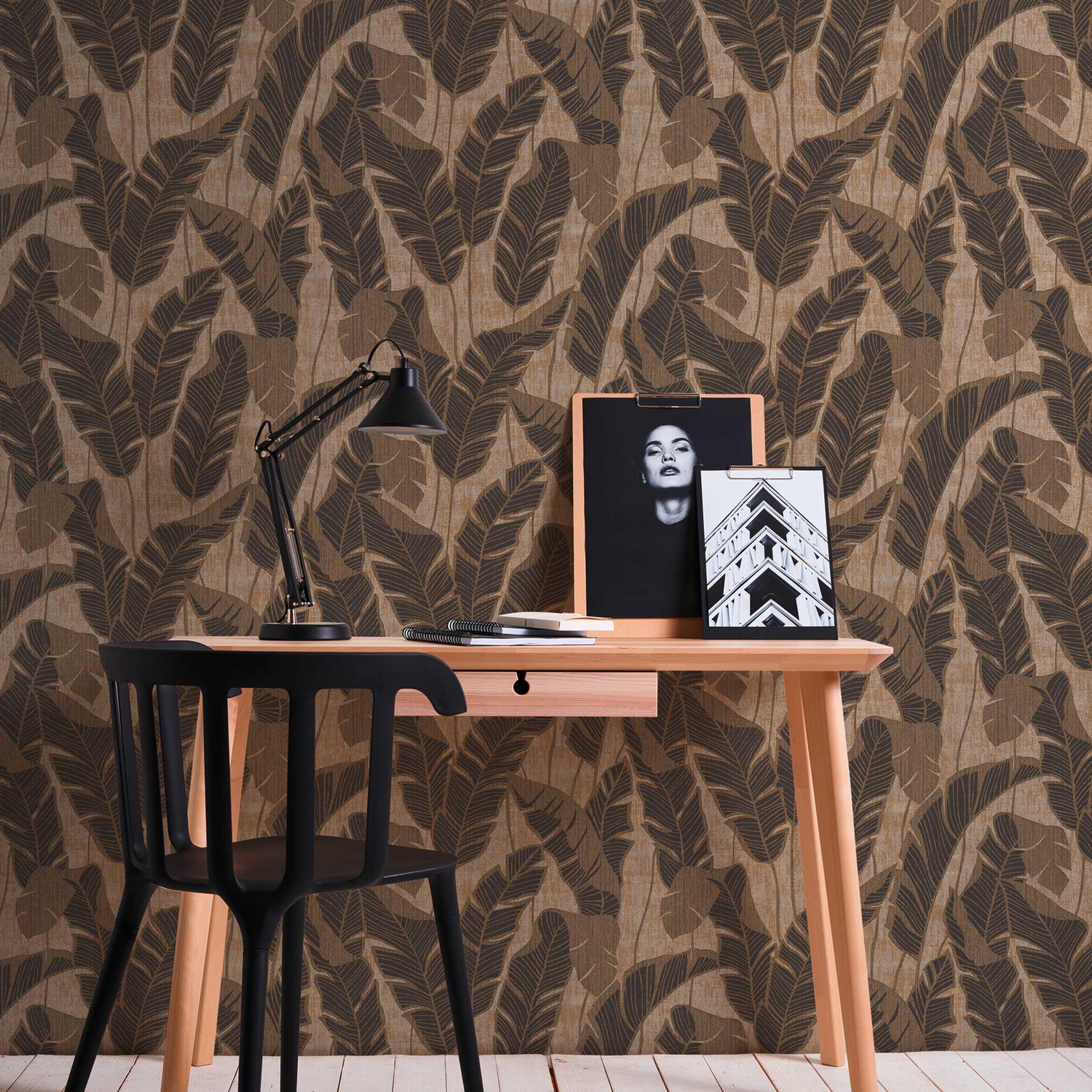 Papel pintado Hoja beige claro brillante negro - papel pintado motivo floral plantas