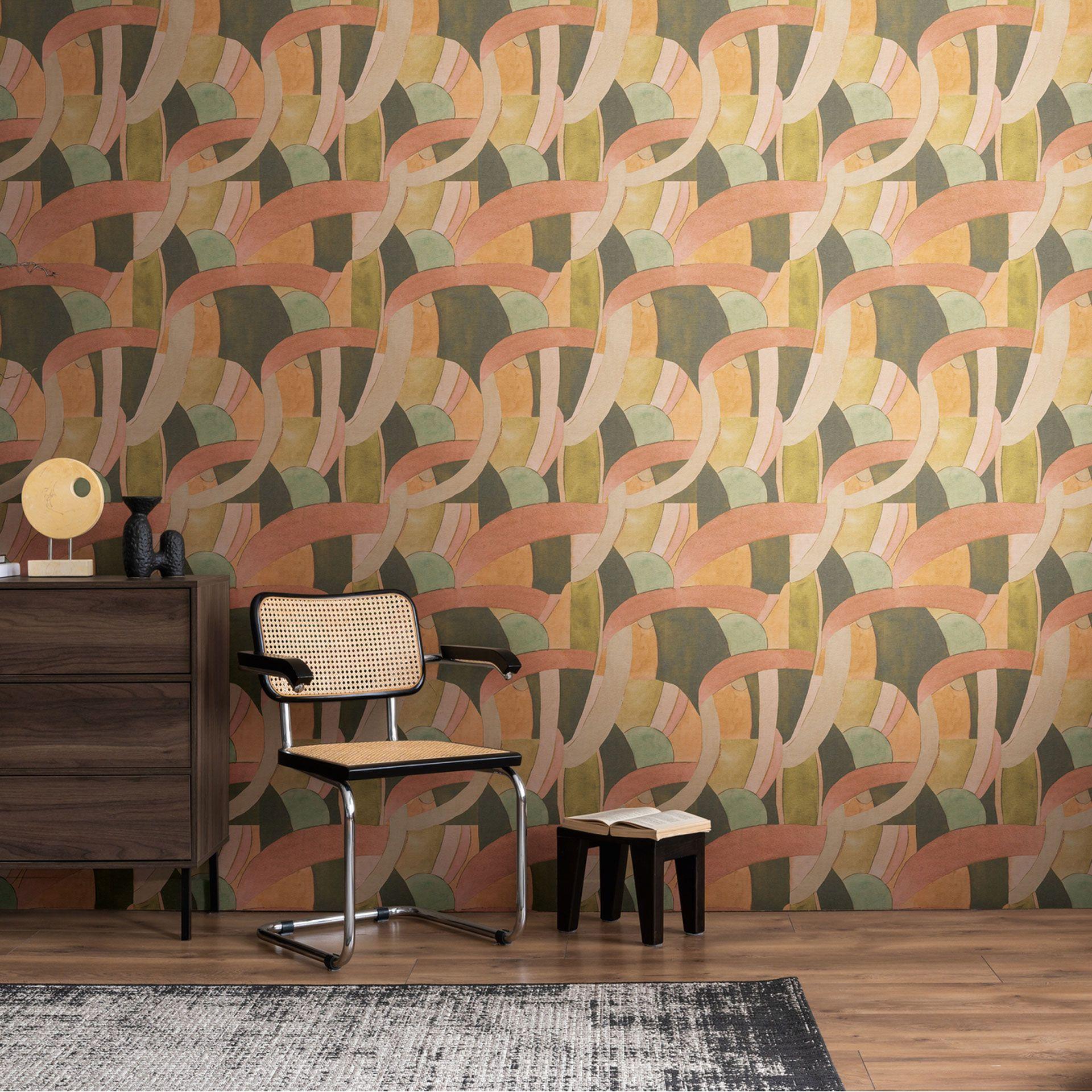 Abstrakt tapet med mønster i terracotta grøn beige - kunstnerisk ikke-vævet tapet