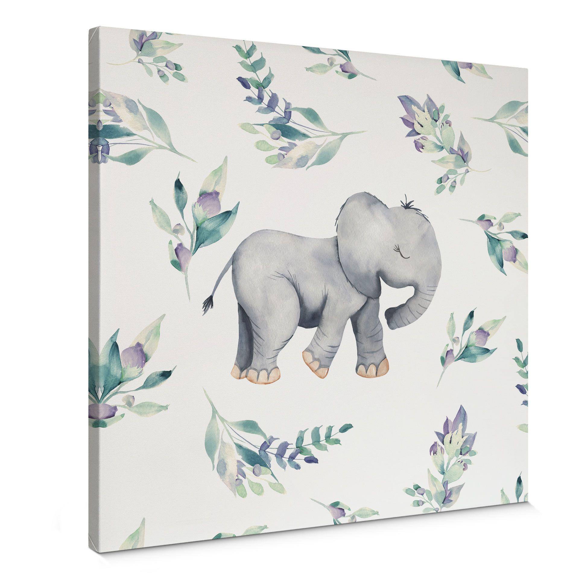 Cuadro lienzo Lindo bebé elefante entre ramas boho - Diseños ONU - Cuadrado