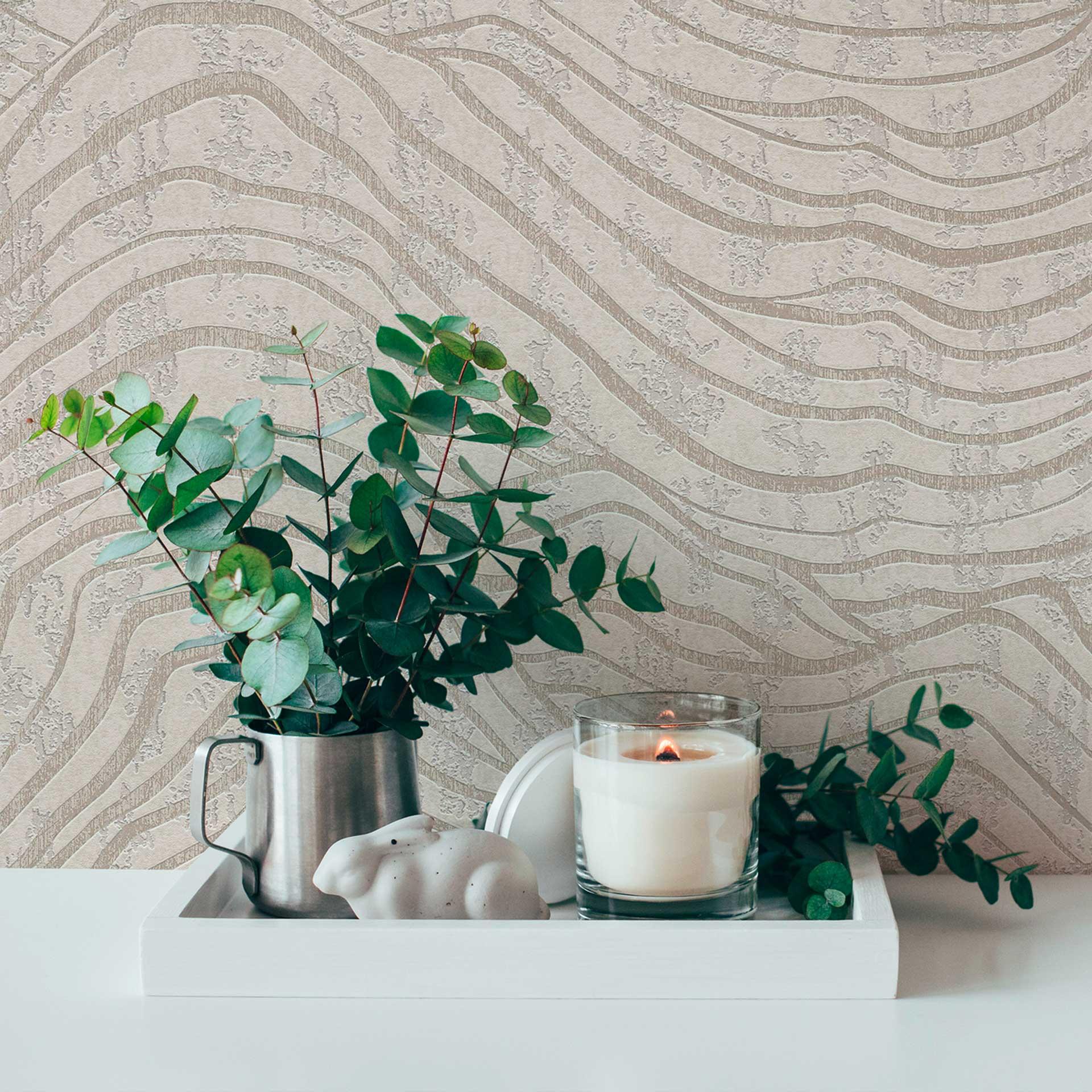 Abstrakt 3D-tapet med bølger hvid sølv - non-woven metallic effekt - mønstret tapet