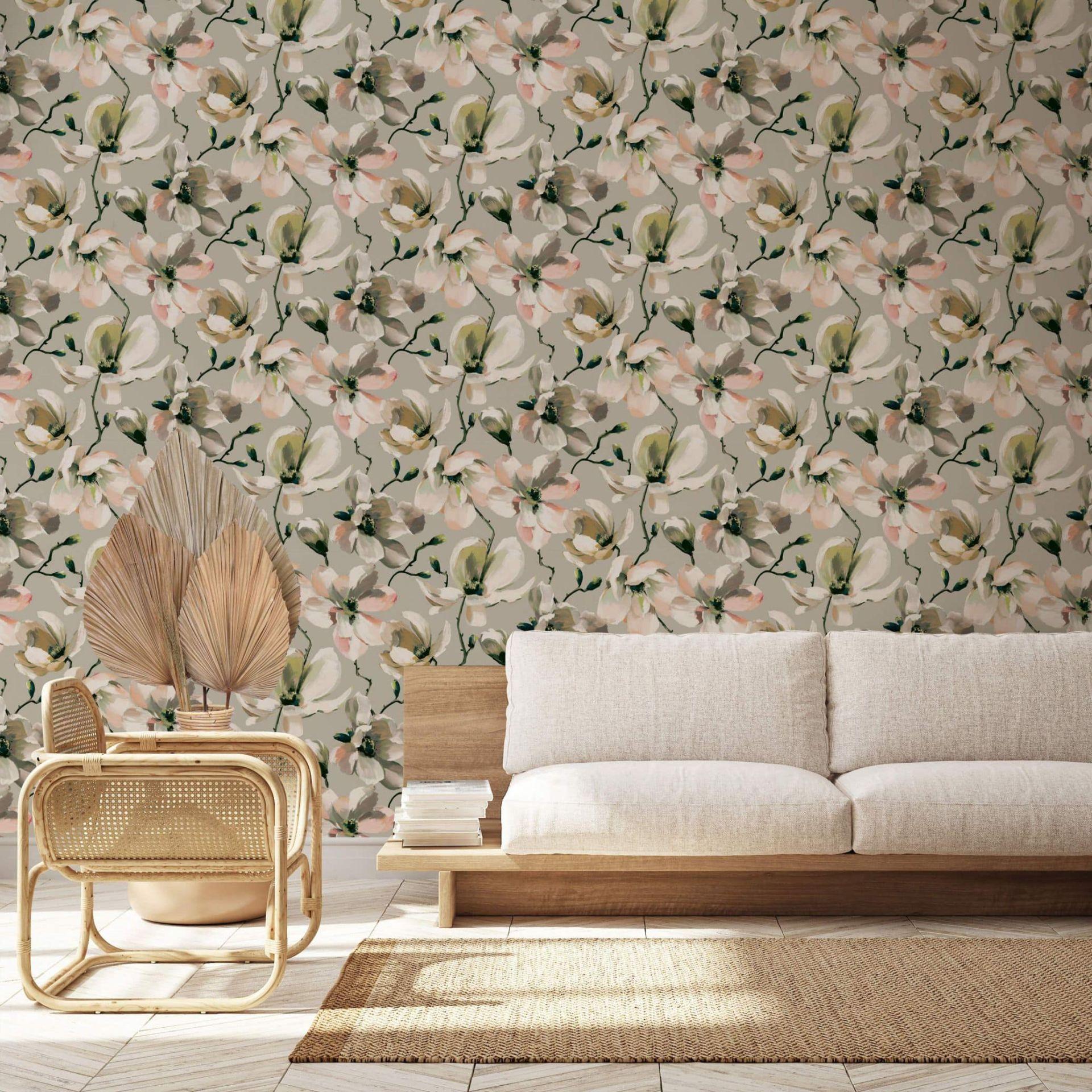 tapet, non-woven blomstertapet Flora beige, hvid