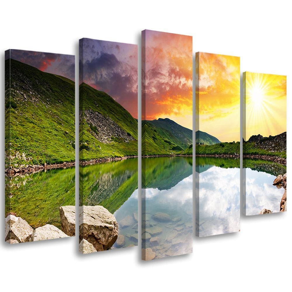 Lærredstryk 5 stykker, Sunset Landscape Lake