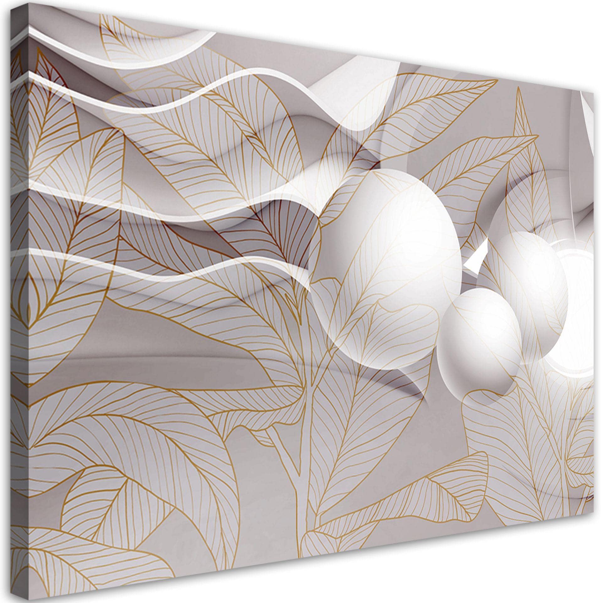Canvasbillede, gyldne blade og 3D-kugler