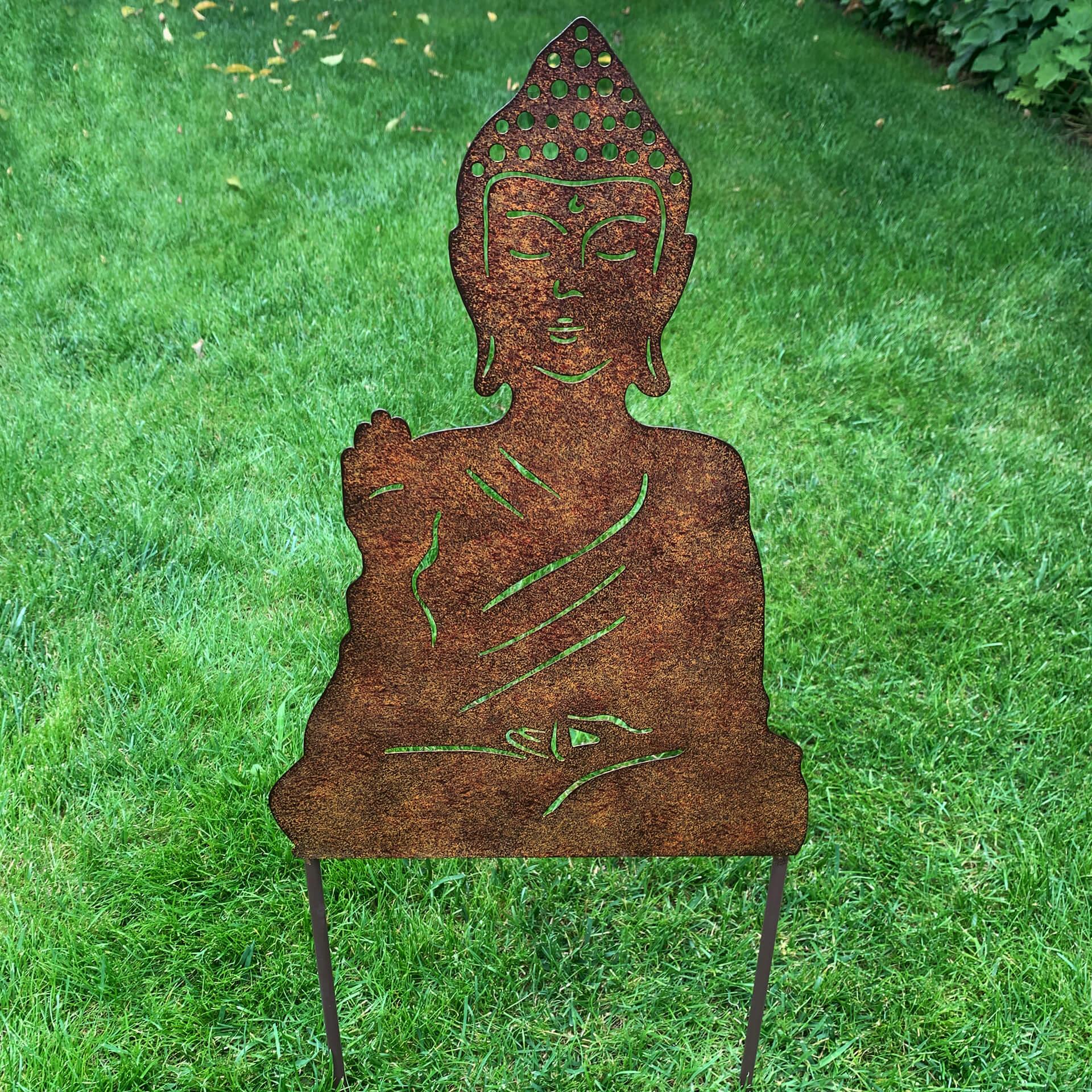 Buddha Gartenstecker Edelrost Optik Metallschild - 29x65x1 cm