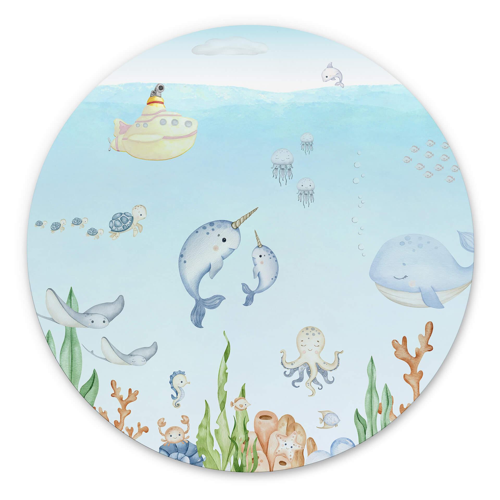 Vægcirkel Oliver Robins - Underwater Friends – print på aluminium (Alu-Dibond)
