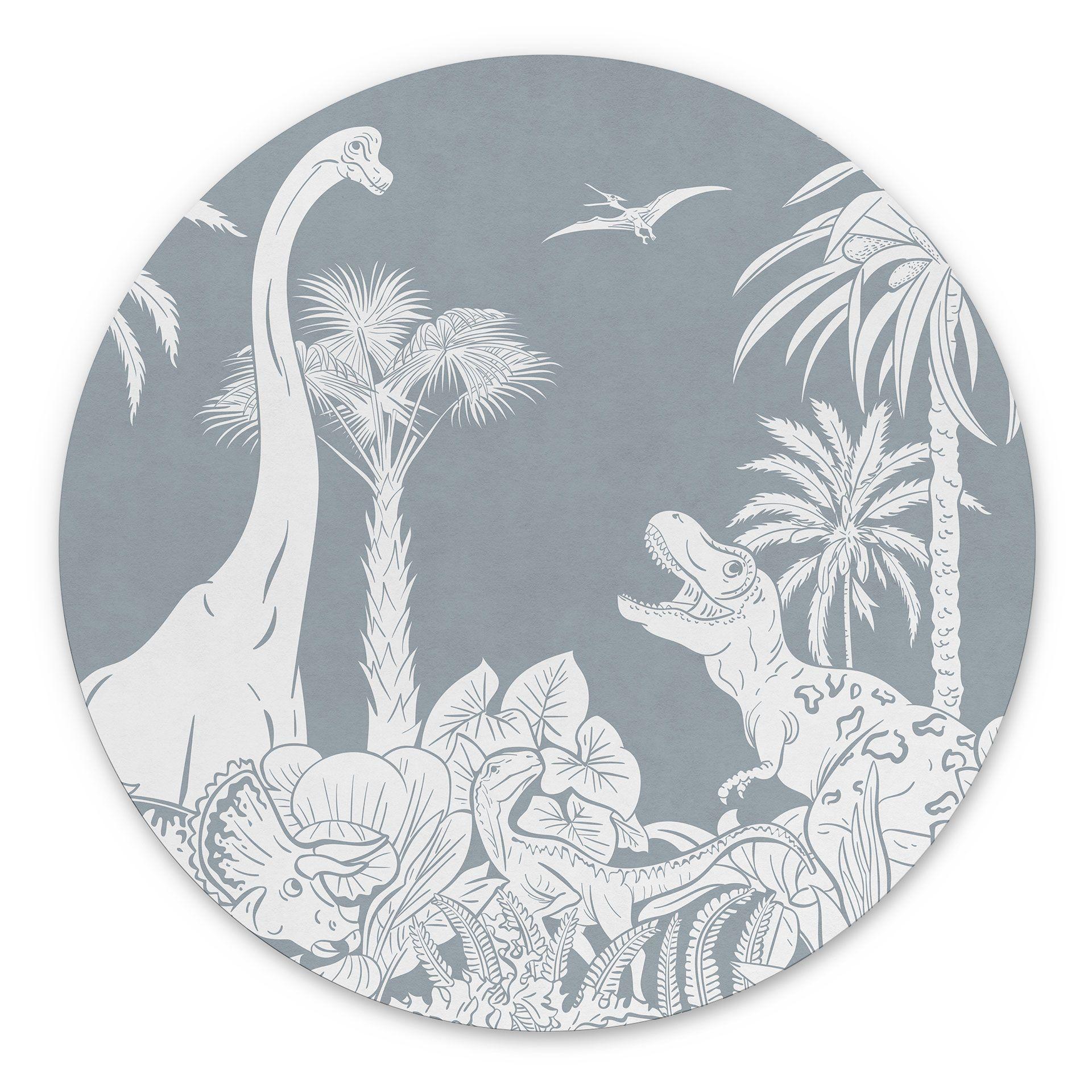 Rundt billede I dinosaurernes land - Blå - Kikki Belle – print på aluminium (Alu-Dibond)