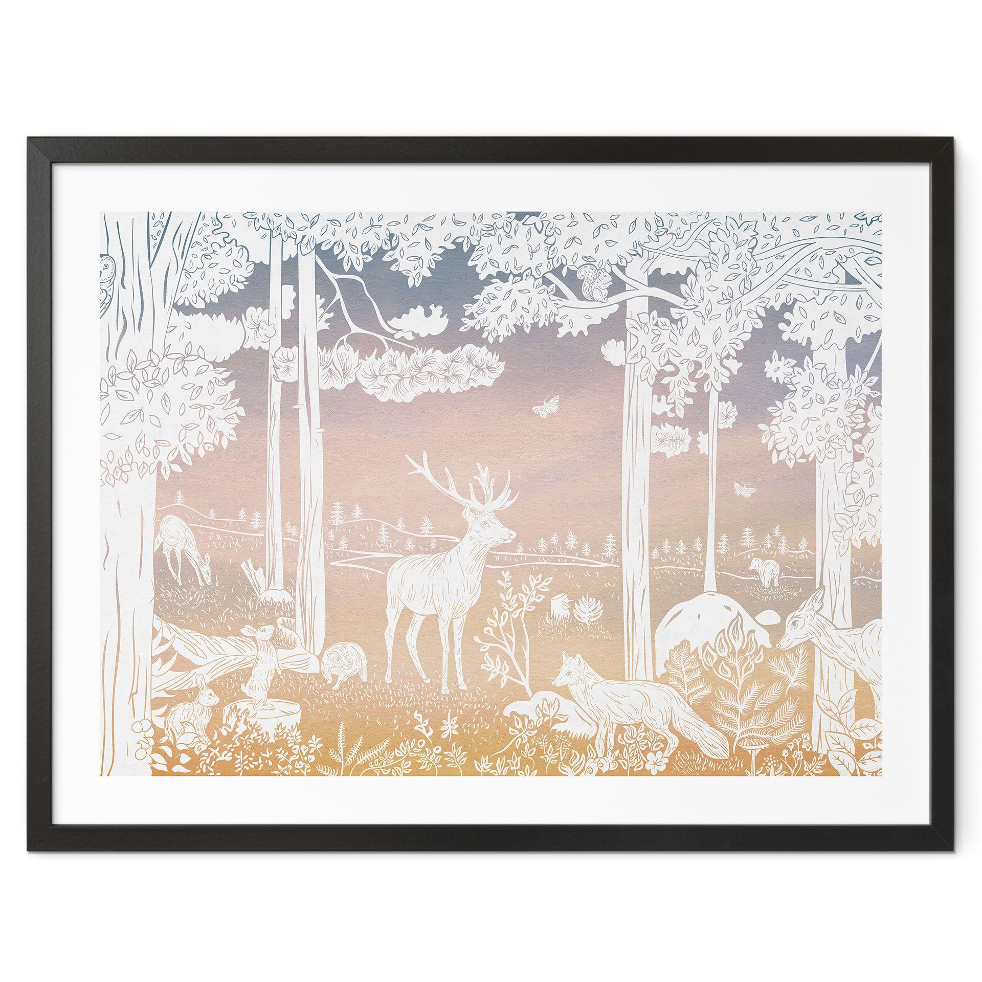 Plakat Fredfyldt skov med hjorte og ræve - Ombre - Kikki Belle