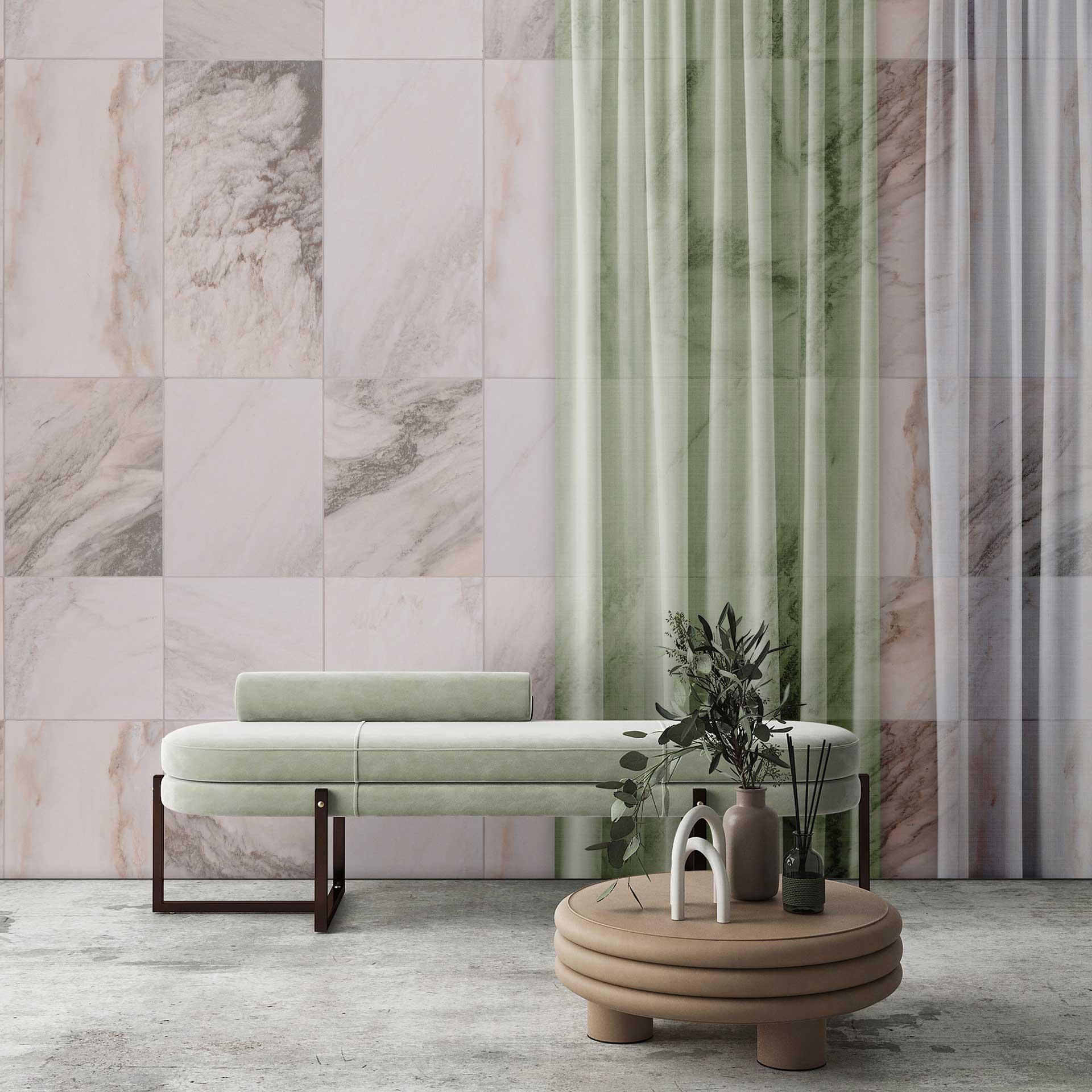 Marmortapet i pastelfarver med tekstileffekt - elegance til hjemmet