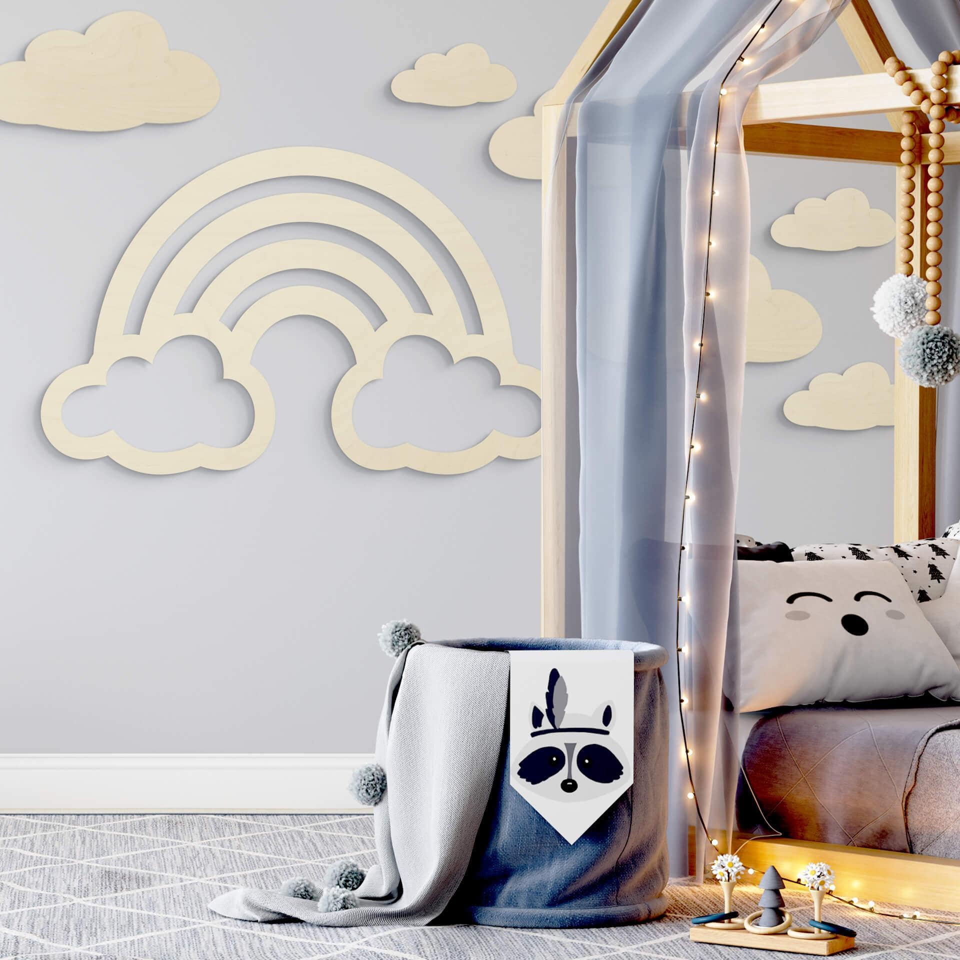 Decoración en madera de álamo - arco iris con nubes