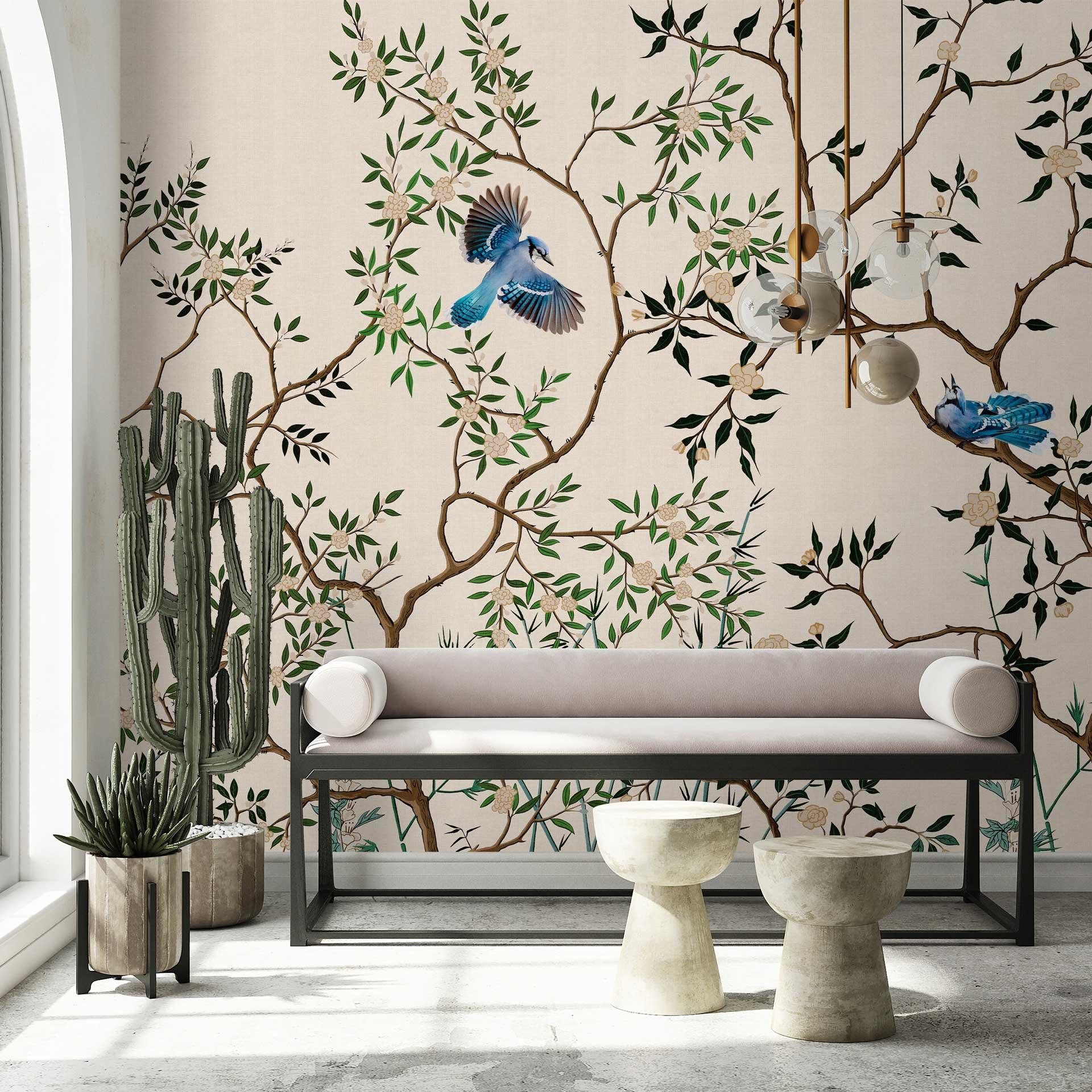 Asiatisk fugletapet på grene - beige non-woven tapet med naturmotiver